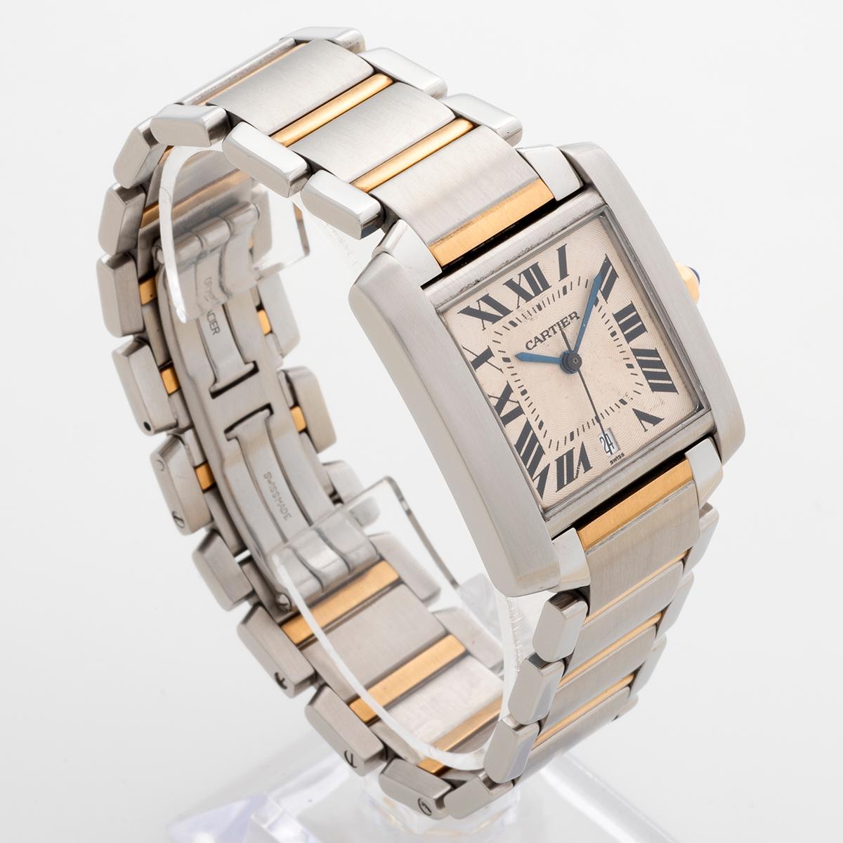 Our classic and desirable Cartier Tank Francaise reference 2302 is also known as the large, featuring a 28 x 32 mm case excluding crown with date and automatic movement, stainless steel case with 18k yellow gold and stainless steel bracelet. This