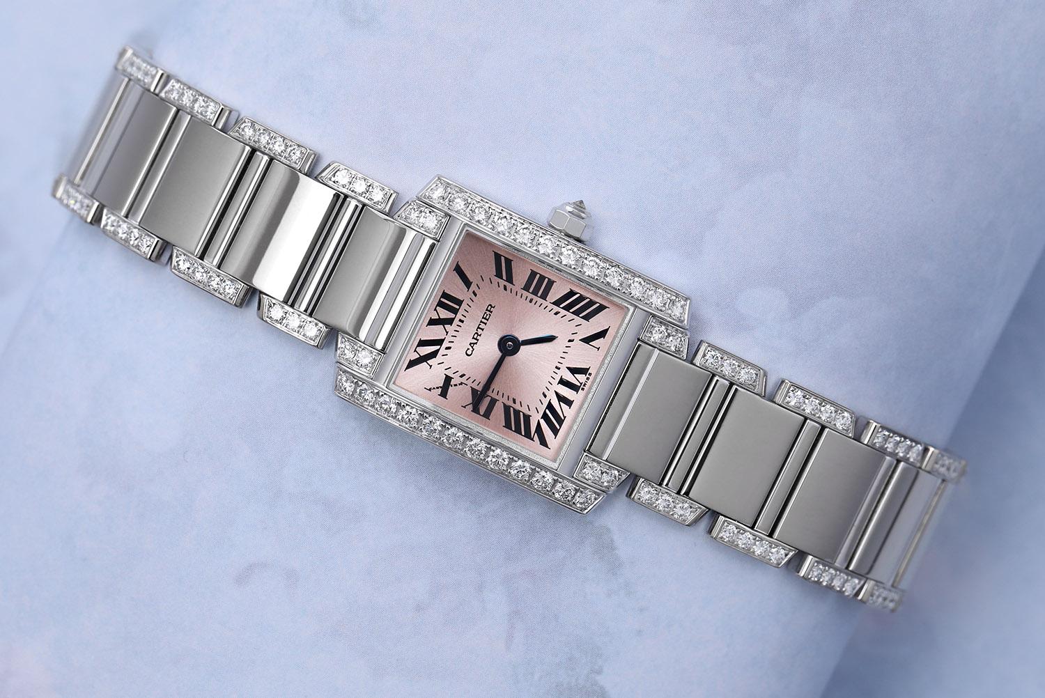 Cartier Tank Francaise Ladies 18k White Gold Watch with Factory Diamonds, Pink Dial. Watch has absolutely NO visible scratches or blemishes.