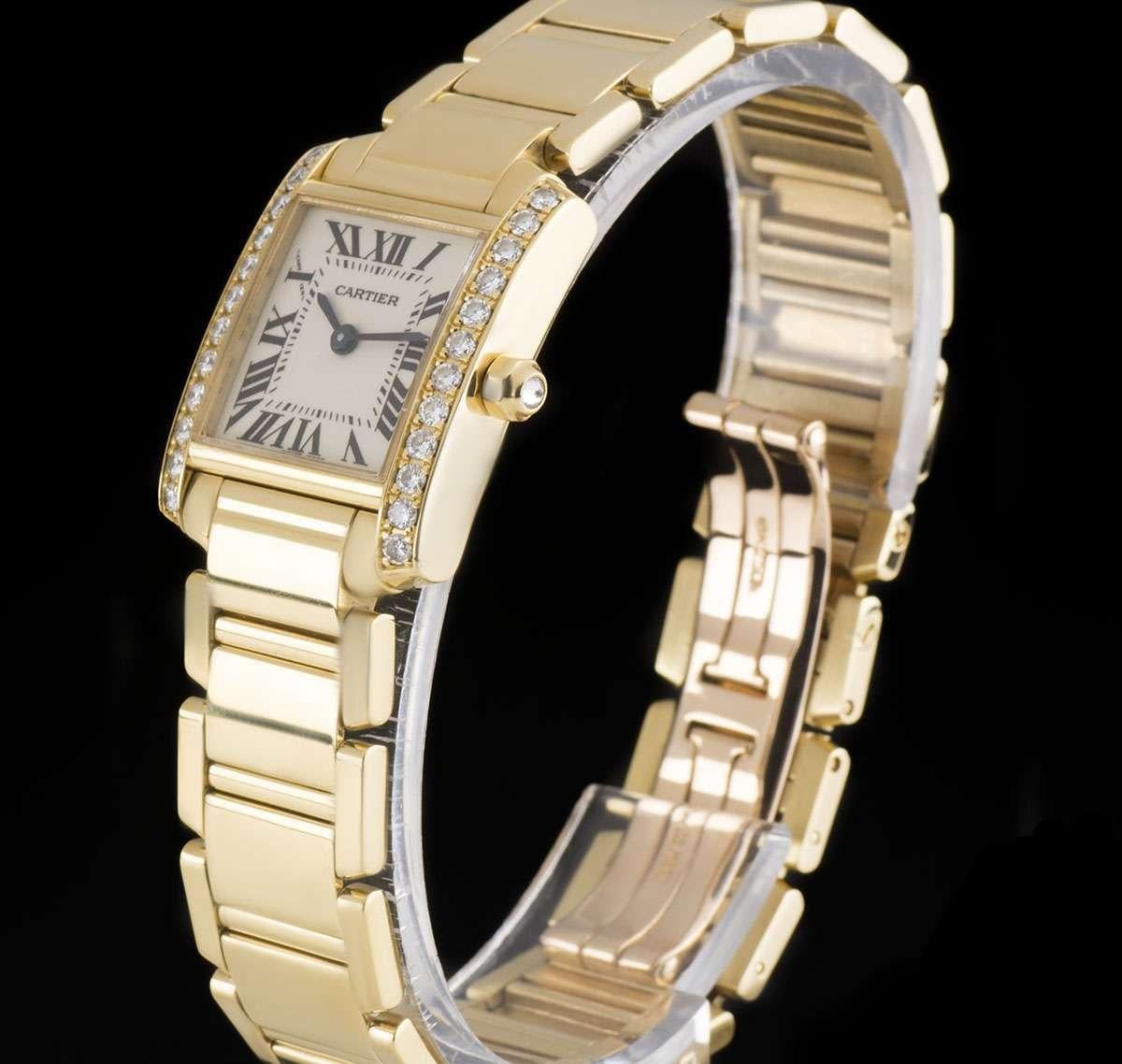 An 18k Yellow Gold Tank Francaise Ladies 20mm Wristwatch, silver dial with roman numerals and a secret signature at 