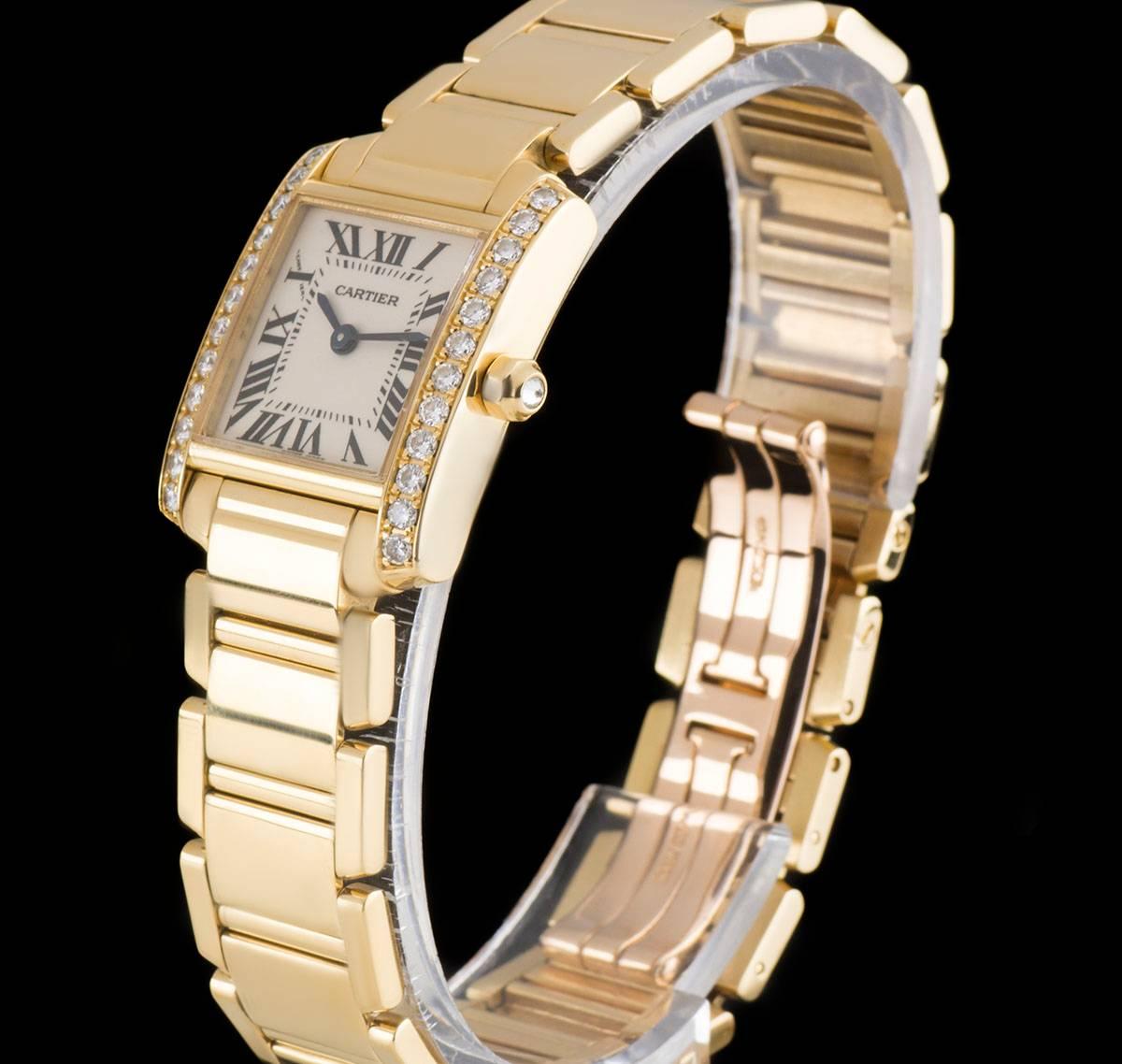 An 18k Yellow Gold Tank Francaise Ladies Wristwatch, silver dial with roman numerals and a secret signature at 