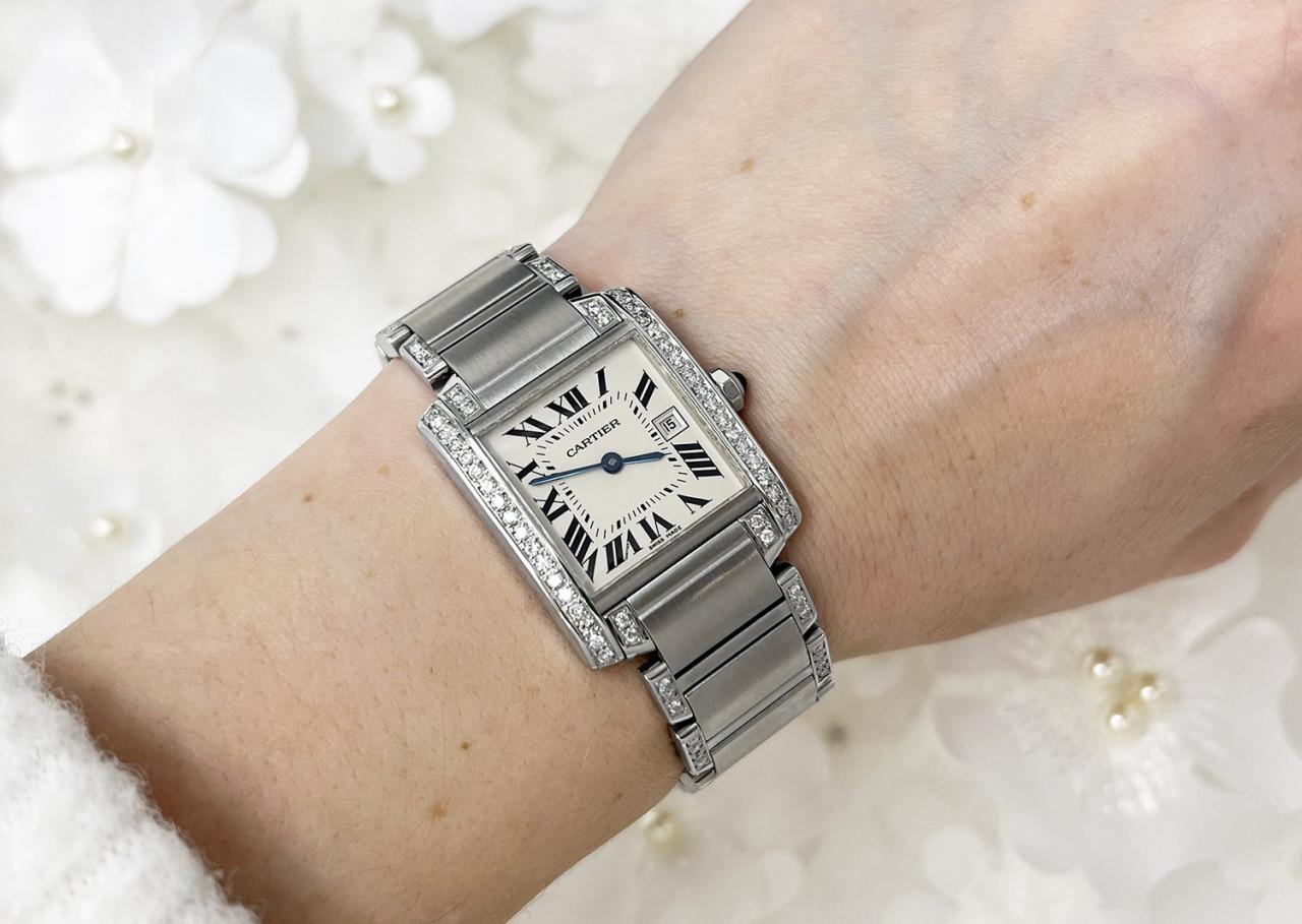 Round Cut Cartier Tank Francaise Ladies Medium Model Custom Diamonds Steel Watch #2465 For Sale