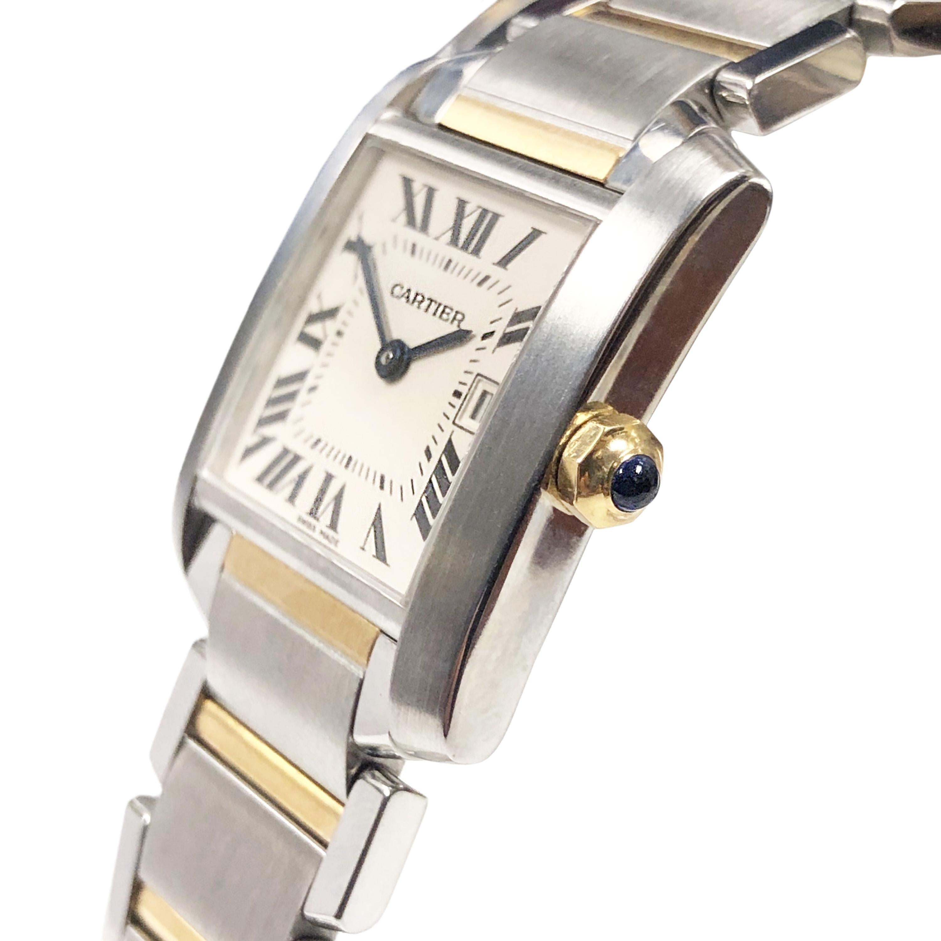 Circa 2014 Cartier Ladies Stainless Steel and 18K Yellow Gold Tank Francaise Wrist Watch, 25 X 20 MM Water Resistant Case, Quartz Movement, Scratch Resistant Crystal, Sapphire Crown, White Dial with Black Roman Numerals and a Calendar window at the
