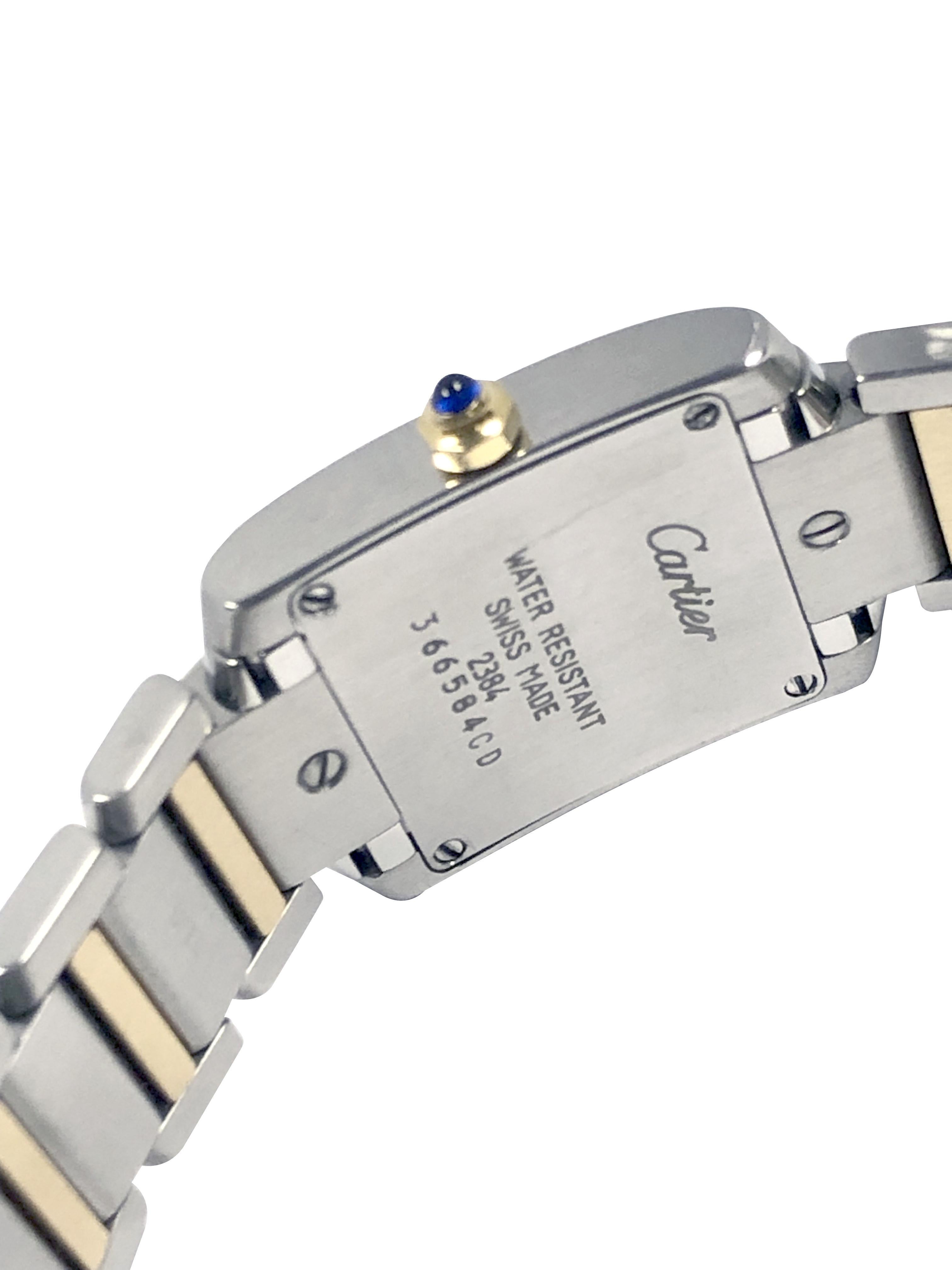 CIRCA 2015 Cartier Damen Edelstahl und 18K Gelbgold Tank Francaise Armbanduhr, 25 X 20 MM wasserdichtes Gehäuse, Quarzwerk, kratzfestes Glas, Saphir-Krone, weißes Zifferblatt mit schwarzen römischen Ziffern. 11/16 Zoll breit Stahl und 18K Armband