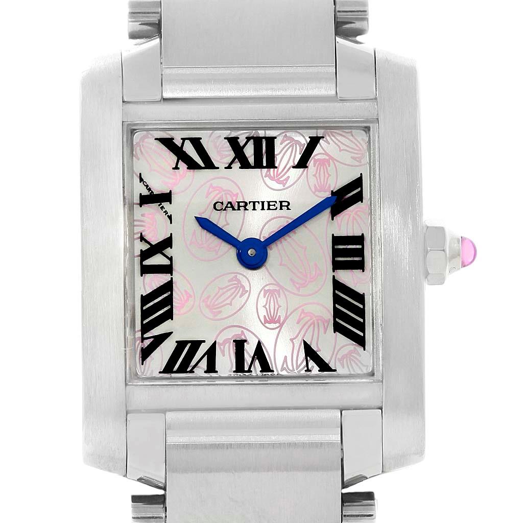 Cartier Tank Francaise Ladies Steel Limited Edition Watch W51031Q3. Quartz movement. Rectangular stainless steel 20.0 x 25.0 mm case. Octagonal crown set with a pink sapphire cabochon. Stainless steel fixed bezel. Scratch resistant sapphire crystal.