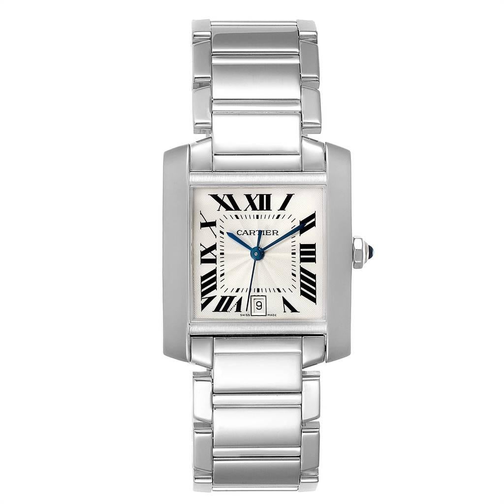 Cartier Tank Francaise Large 18K White Gold Unisex Watch W50011S3. Automatic self-winding movement. 18K white gold rectangular 28.0 x 32.0 mm case. Octagonal crown set with a blue sapphire cabochon. Scratch resistant sapphire crystal. Silver
