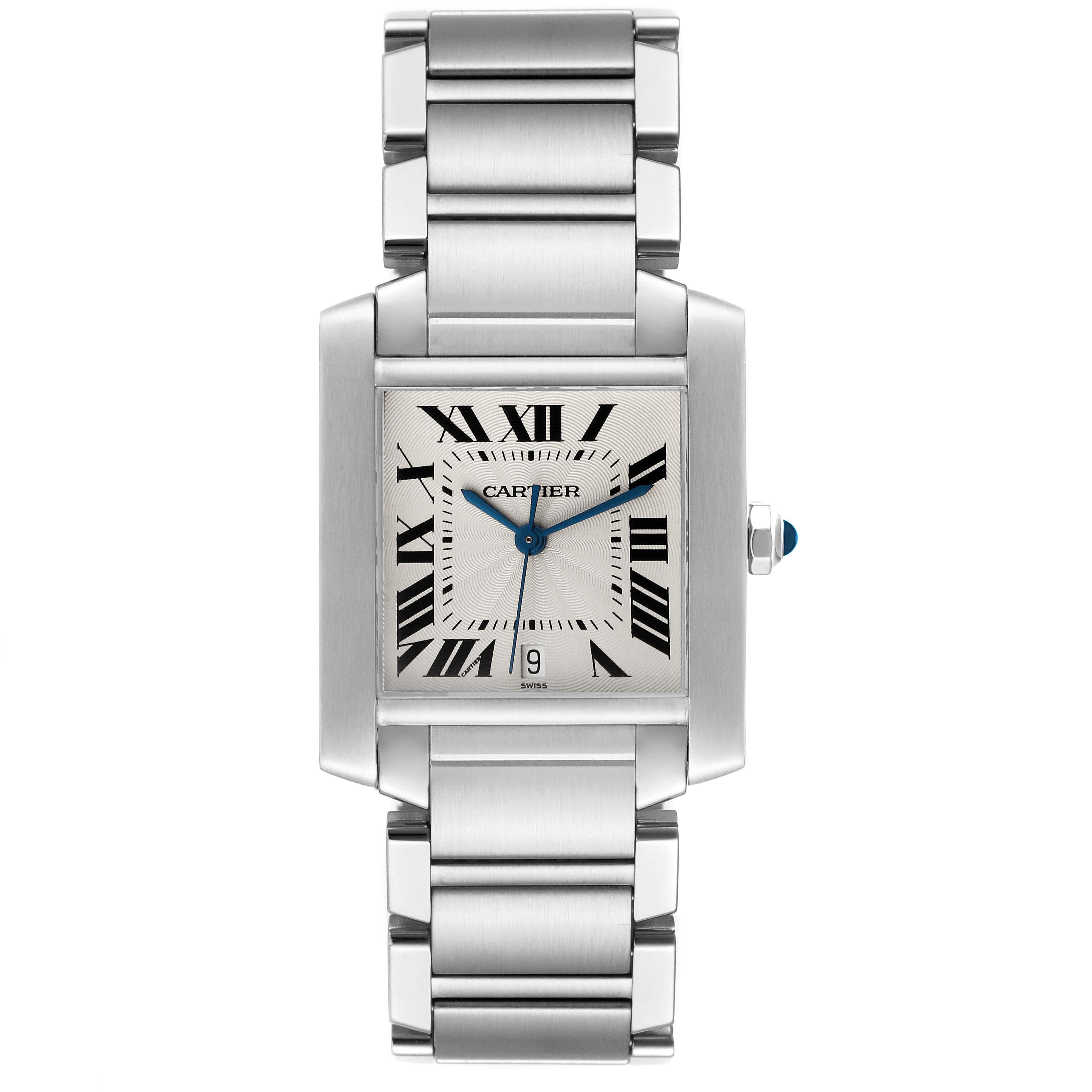 Cartier Tank Francaise Große Automatische Stahl Herrenuhr W51002Q3. Automatisches Uhrwerk mit Selbstaufzug. Rechteckiges Gehäuse aus Edelstahl 28,0 x 32,0 mm. Achteckige Krone, besetzt mit einem blauen Spinell-Cabochon. . Kratzfestes Saphirglas.