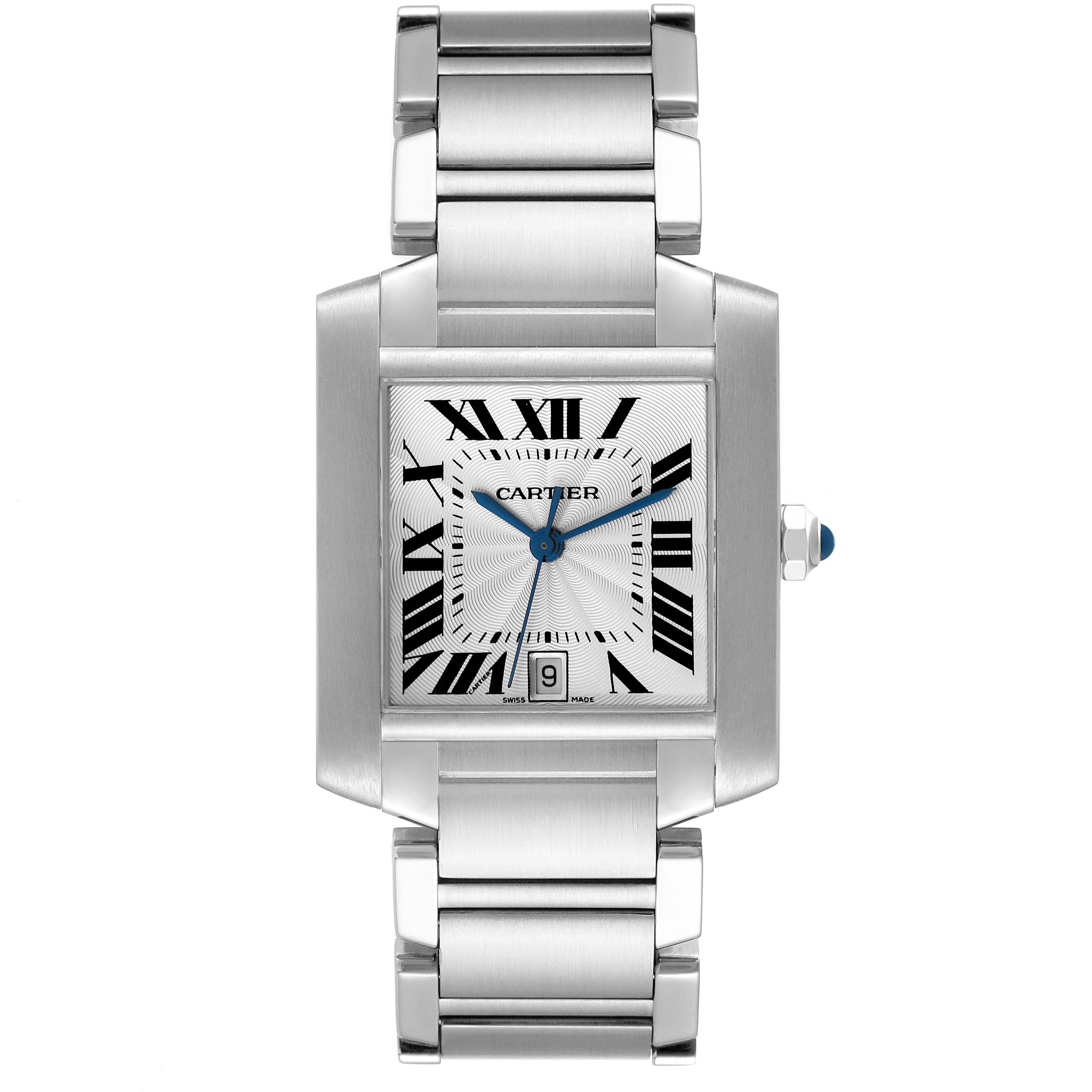 Cartier Tank Francaise Large Automatic Steel Mens Watch W51002Q3. Automatic self-winding movement. Rectangular stainless steel 28.0 x 32.0 mm case. Octagonal crown set with a blue spinel cabochon. . Scratch resistant sapphire crystal. Silver