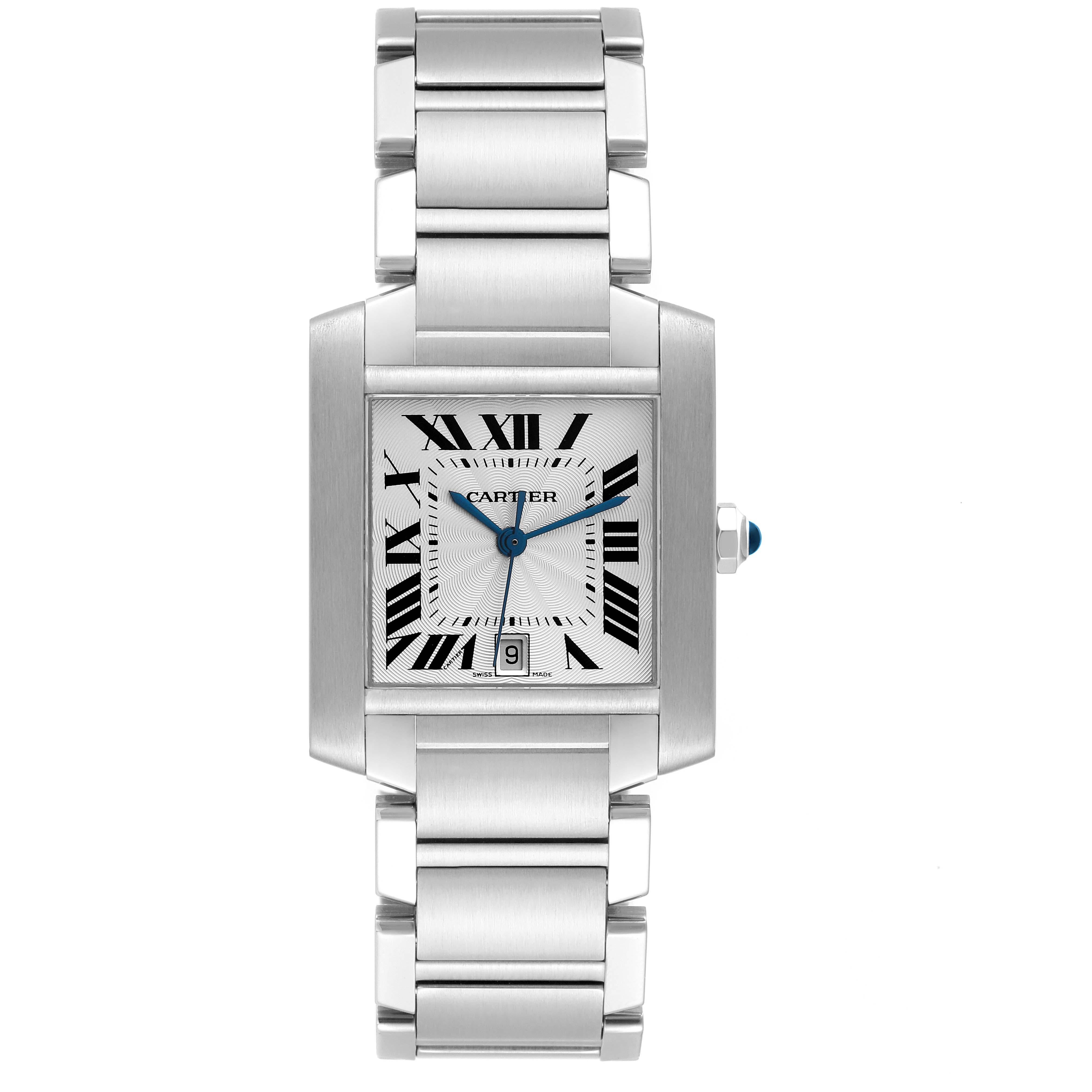 Cartier Tank Francaise Large Automatic Steel Mens Watch W51002Q3. Automatic self-winding movement. Rectangular stainless steel 28.0 x 32.0 mm case. Octagonal crown set with a blue spinel cabochon. . Scratch resistant sapphire crystal. Silver