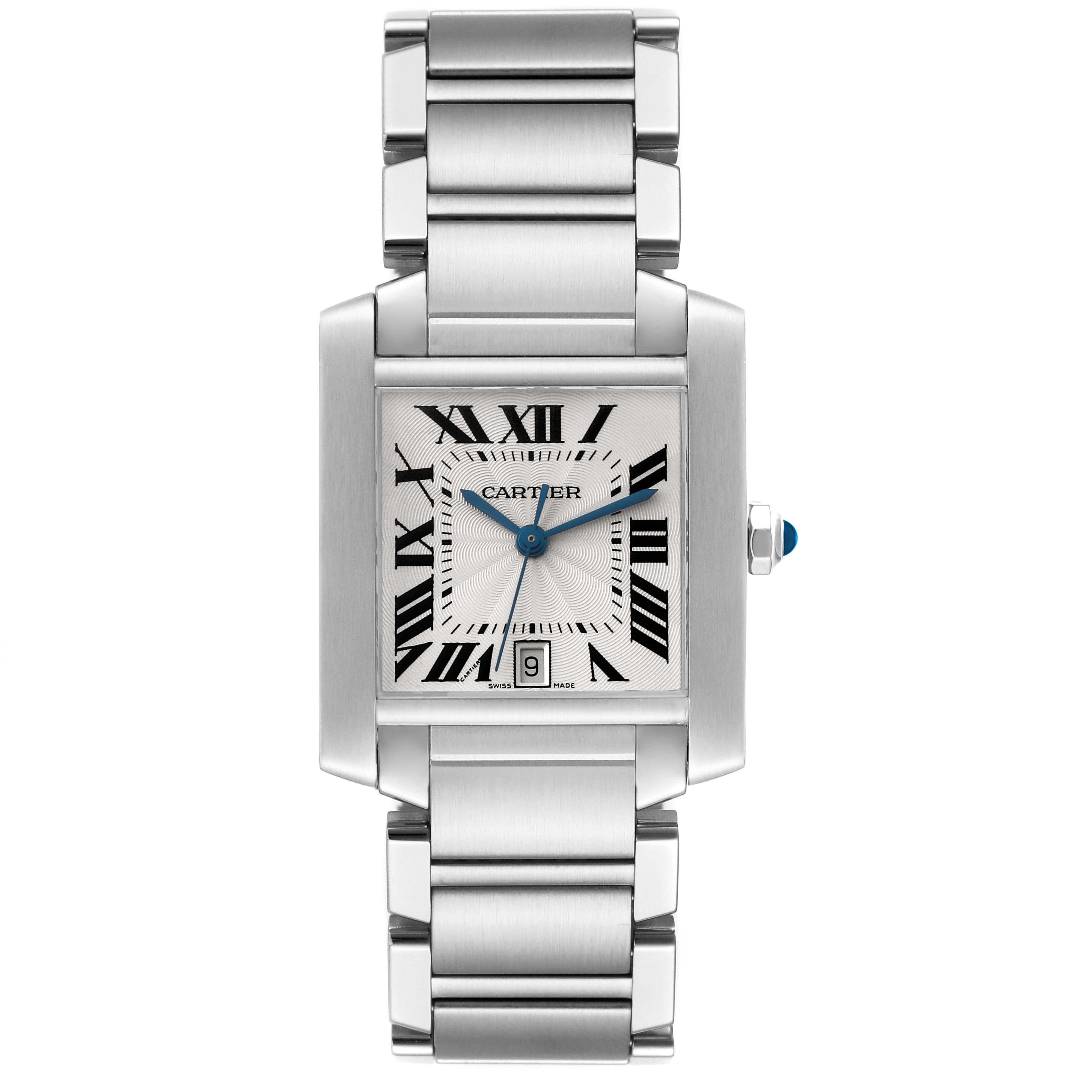Cartier Tank Francaise Large Automatic Steel Mens Watch W51002Q3. Automatic self-winding movement. Rectangular stainless steel case 28.0 x 32.0 mm. Octagonal crown set with a blue spinel cabochon. . Scratch resistant sapphire crystal. Silver