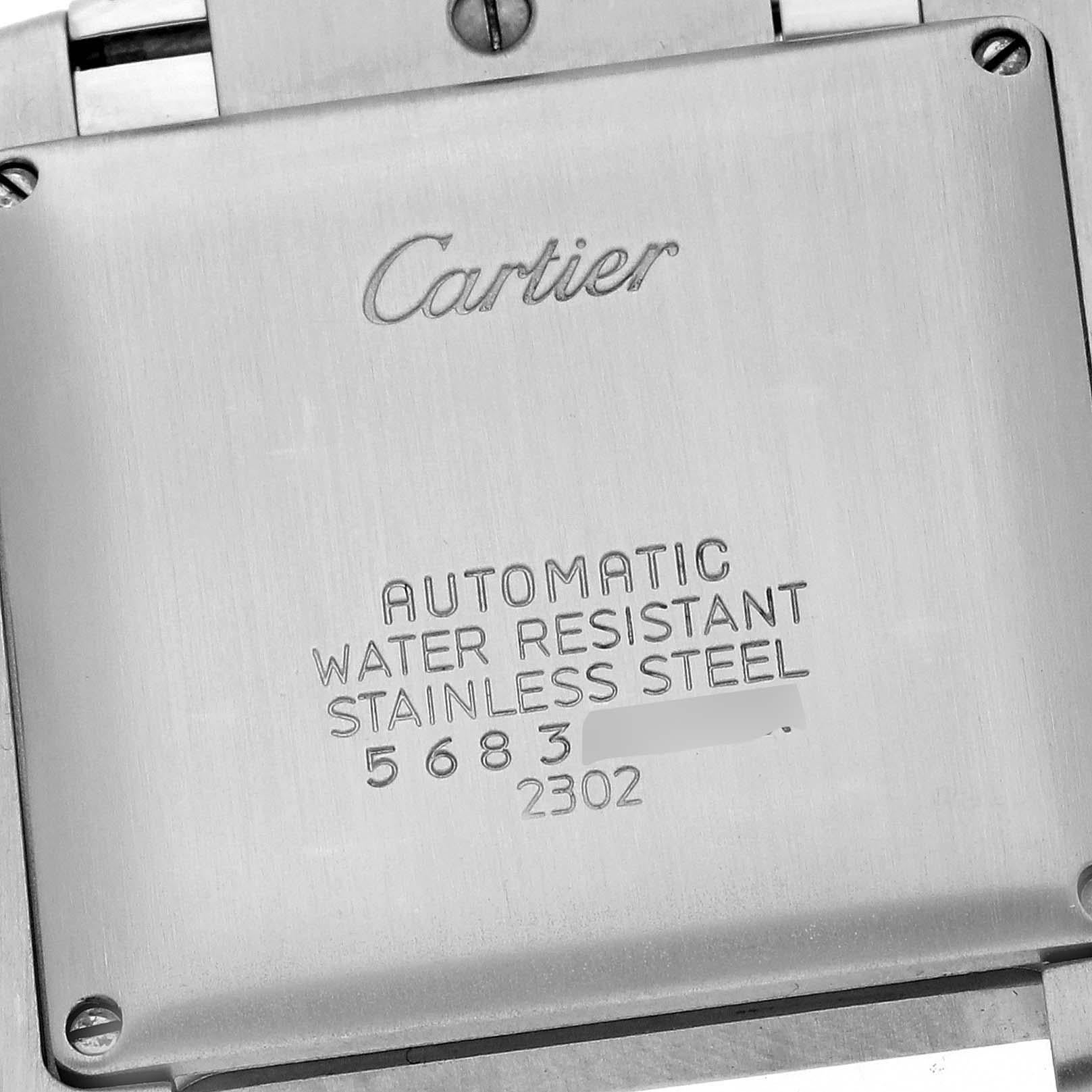 Cartier Tank Francaise Large Automatic Steel Mens Watch W51002Q3 Papers. Mouvement automatique à remontage automatique. Boîtier rectangulaire en acier inoxydable 28,0 x 32,0 mm. Couronne octogonale sertie d'un cabochon de spinelle bleu . Verre