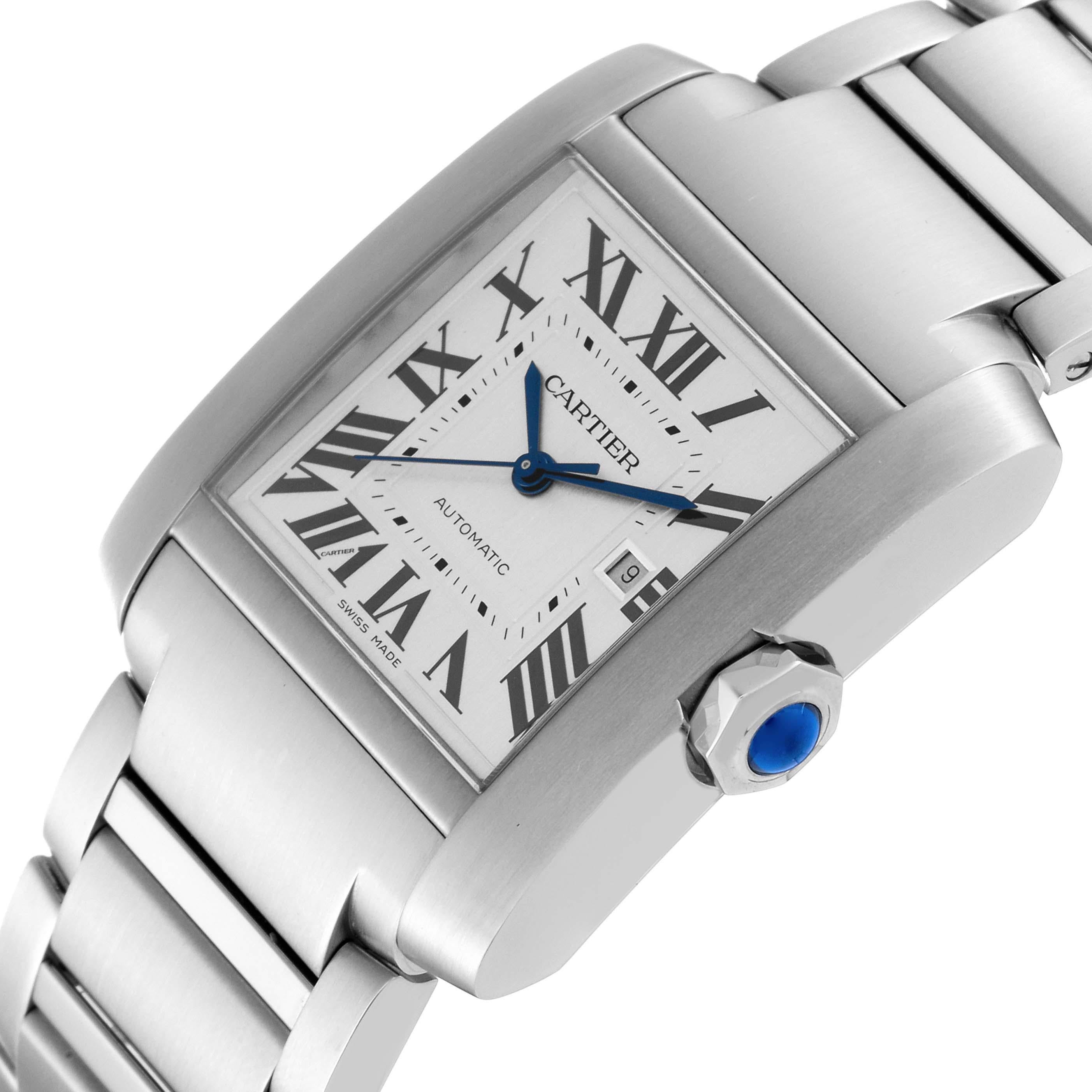 Cartier Tank Francaise Large Automatic Steel Mens Watch WSTA0067. Automatic self-winding movement. Rectangular stainless steel 36.7 x 30.5 mm case. Octagonal crown set with a blue spinel cabochon. . Scratch resistant sapphire crystal. Silvered dial