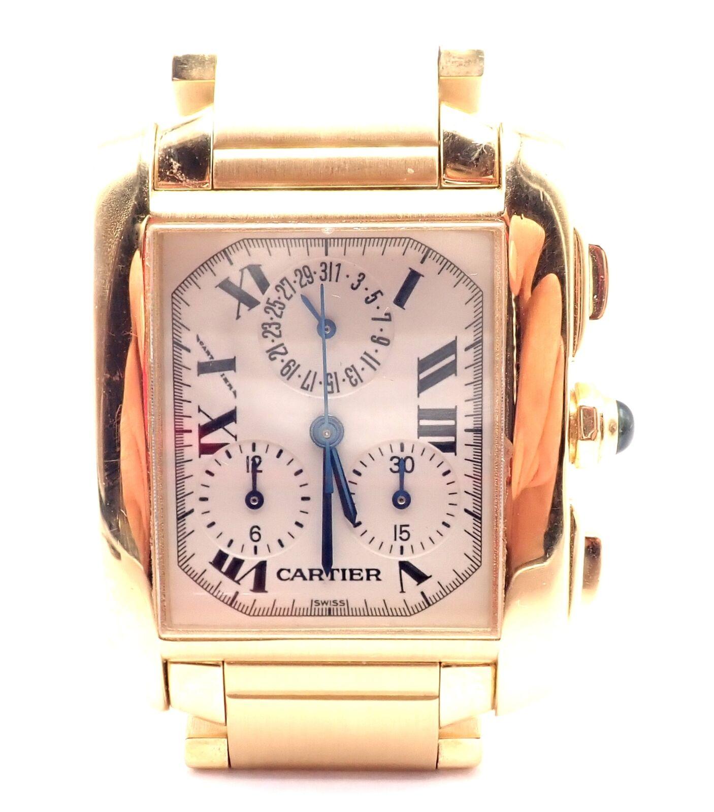 This gorgeous Cartier Tank Francaise Large Chronograph watch is made of 18k yellow gold and is in mint condition with a quartz movement. The reference number is 1830. This rectangular watch is part of Cartier's Tank collection. This watch also comes