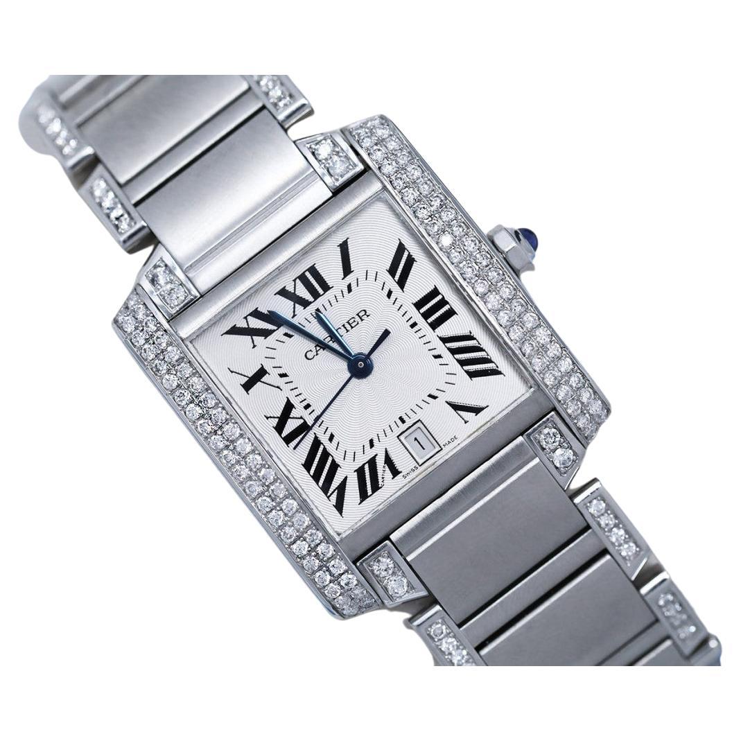 Cartier Tank Francaise Large Model Custom Diamonds on Sides Steel Watch W51002Q3 For Sale