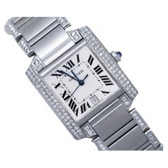 Used Cartier Tank Francaise Large Model Custom Diamonds on Sides Steel Watch W51002Q3