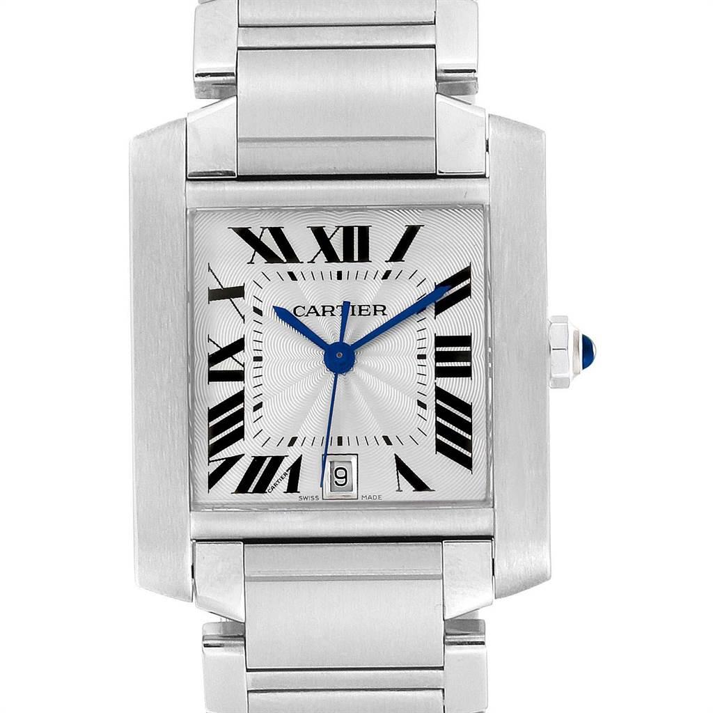 Cartier Tank Francaise Large Steel Automatic Mens Watch W51002Q3. Automatic self-winding movement. Rectangular stainless steel 28.0 x 32.0 mm case. Octagonal crown set with a blue spinel cabochon. Scratch resistant sapphire crystal. Silver guilloche