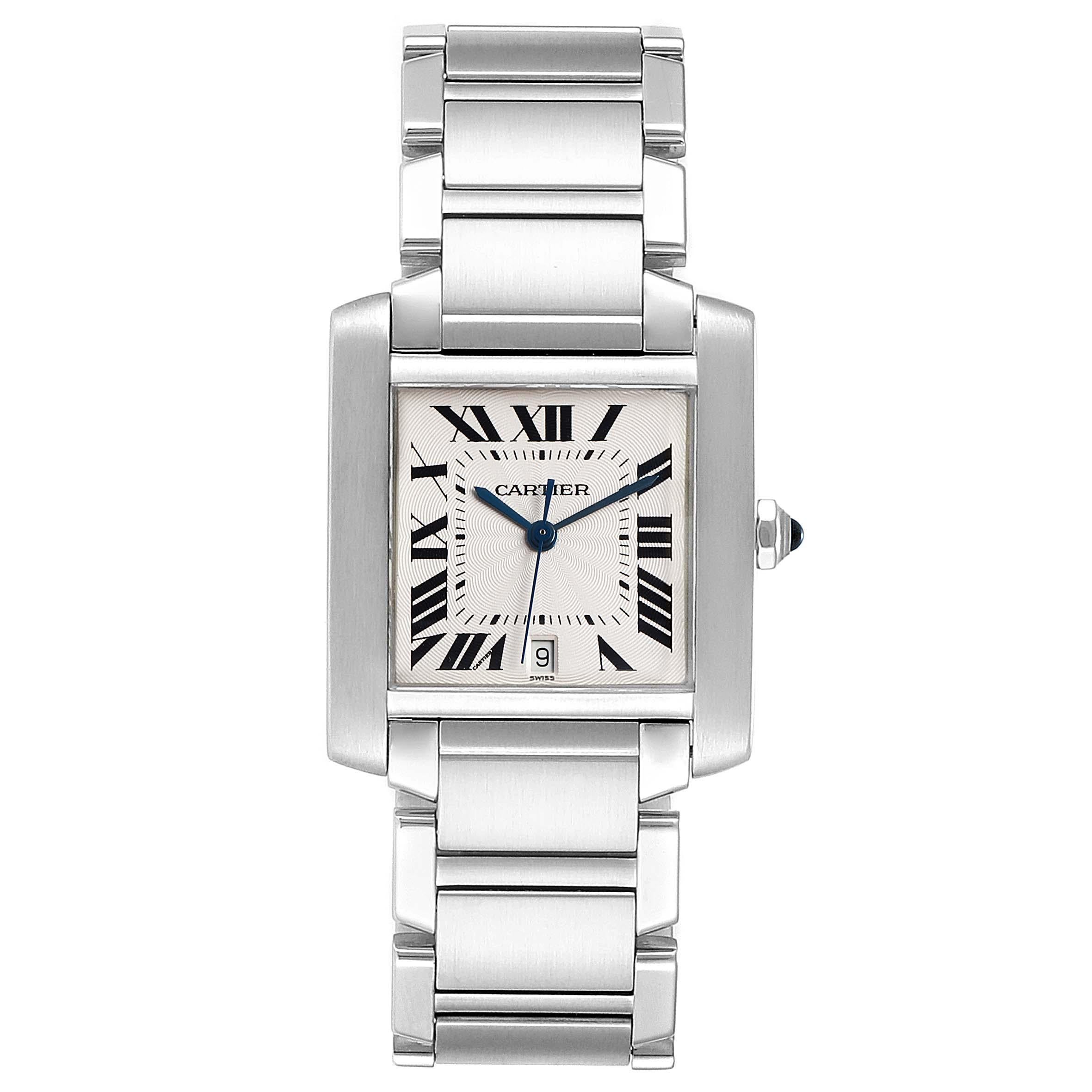 Cartier Tank Francaise Large Steel Automatic Mens Watch W51002Q3. Automatic self-winding movement. Rectangular stainless steel 28.0 x 32.0 mm case. Octagonal crown set with a blue spinel cabochon. . Scratch resistant sapphire crystal. Silver