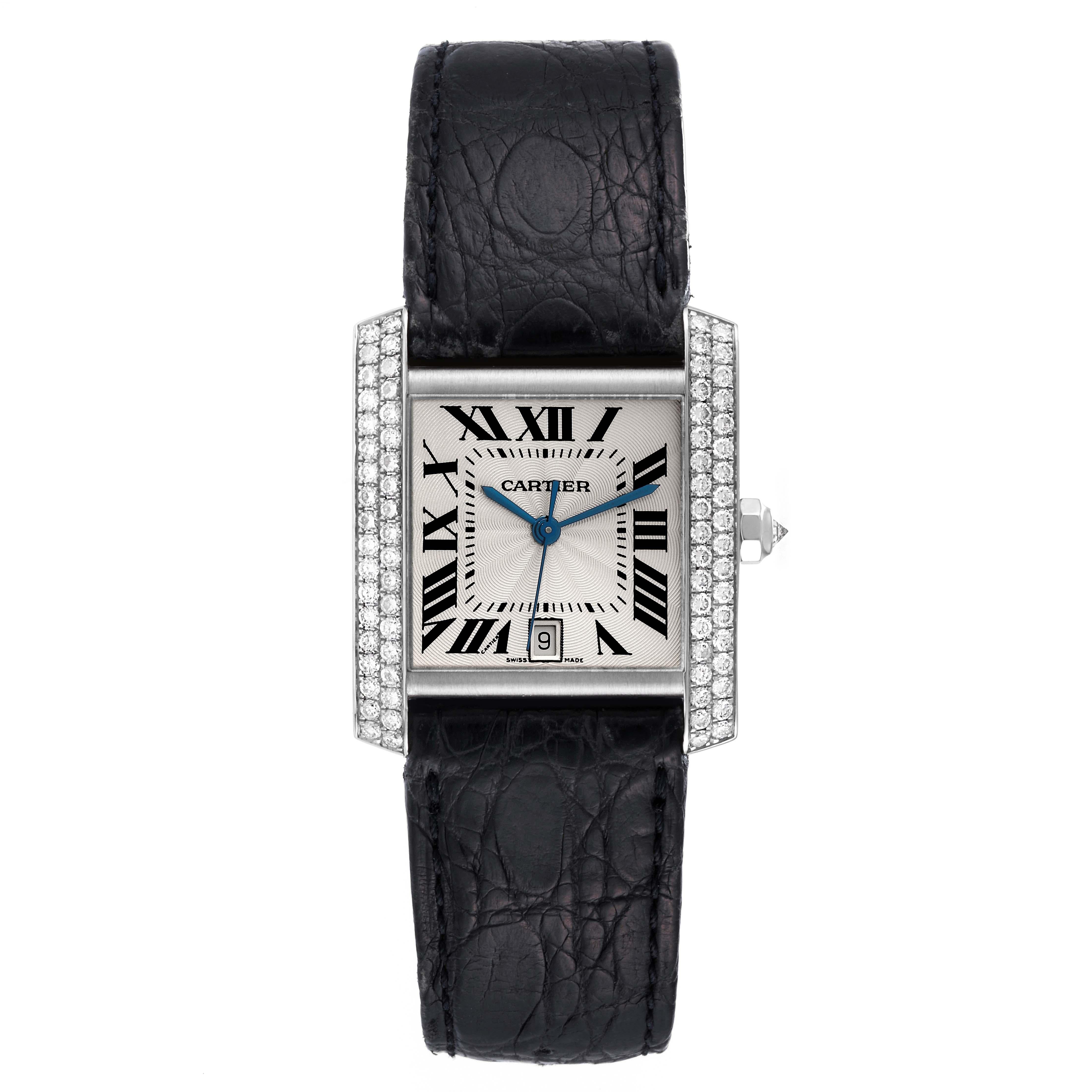 Cartier Tank Francaise Large White Gold Diamond Mens Watch 2366. Automatic self-winding movement. 18K white gold rectangular 28.0 x 32.0 mm case. Octagonal crown set with an original Cartier factory diamond. 18k white gold bezel set with two rows of