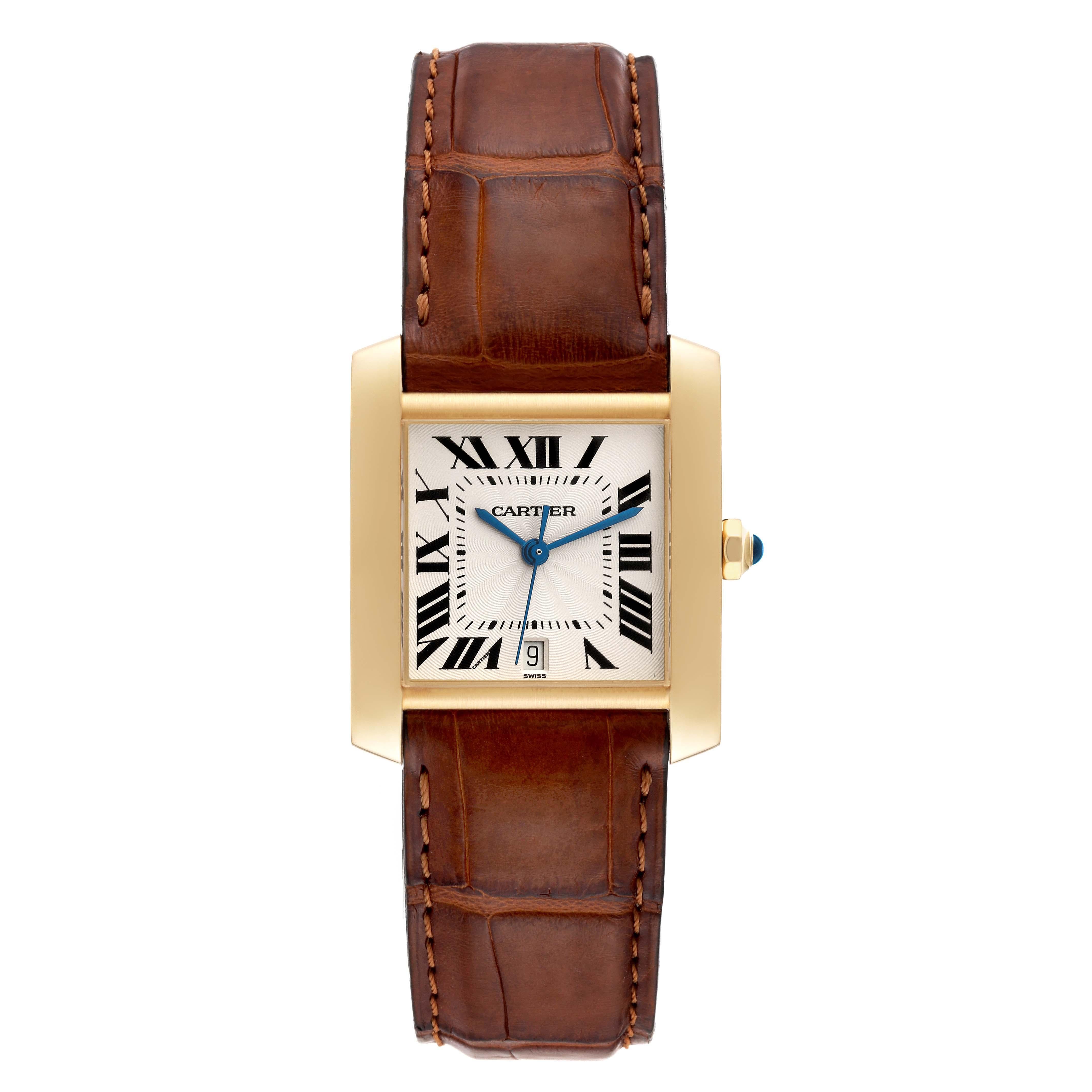 Cartier Tank Francaise Large Yellow Gold Automatic Mens Watch W5000156. Automatic self-winding movement. Rectangular 28.0 x 32.0 mm case. Octagonal 18K yellow gold crown set with a blue sapphire cabochon. . Scratch resistant sapphire crystal. Silver