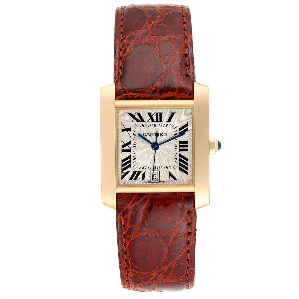 Cartier Tank Francaise Large Yellow Gold Automatic Mens Watch W5000156. Automatic self-winding movement. Rectangular 28.0 x 32.0 mm case. Octagonal 18K yellow gold crown set with a blue sapphire cabochon. Scratch resistant sapphire crystal. Silver