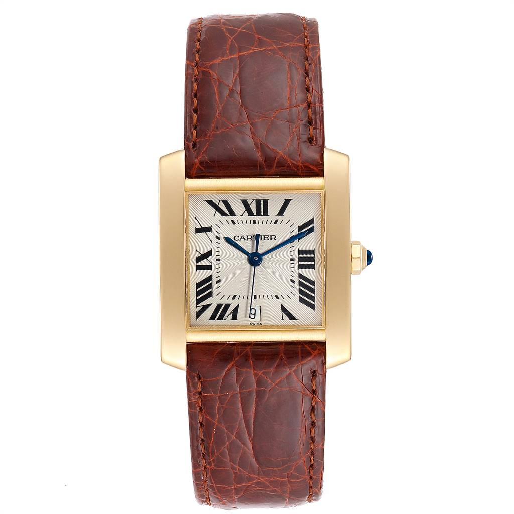 Cartier Tank Francaise Large Yellow Gold Automatic Mens Watch W5000156. Automatic self-winding movement. Rectangular 28.0 x 32.0 mm case. Octagonal 18K yellow gold crown set with a blue sapphire cabochon. Scratch resistant sapphire crystal. Silver