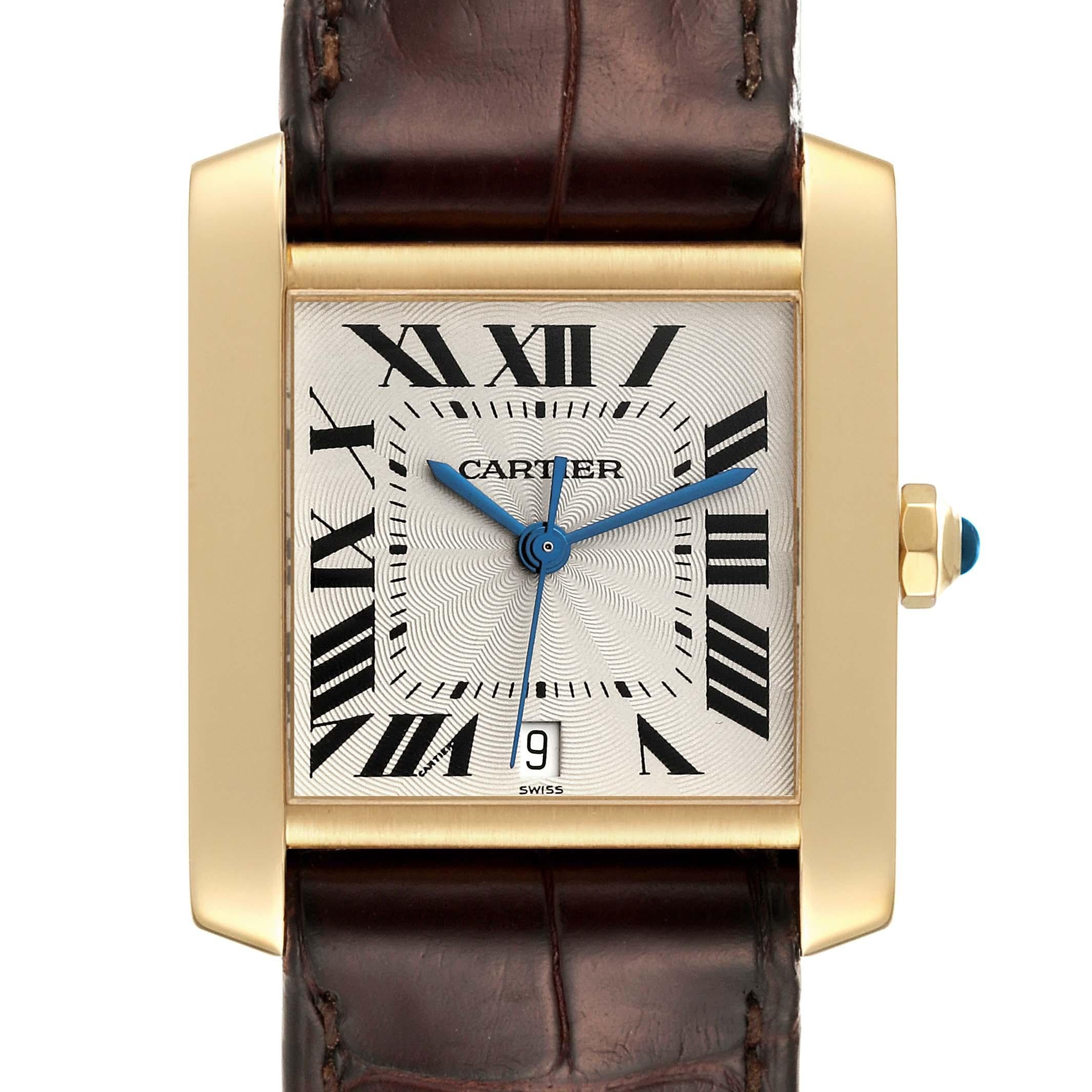 Cartier Tank Francaise Large Yellow Gold Automatic Mens Watch W5000156. Automatic self-winding movement. Rectangular 28.0 x 32.0 mm case. Octagonal 18K yellow gold crown set with a blue sapphire cabochon. . Scratch resistant sapphire crystal. Silver
