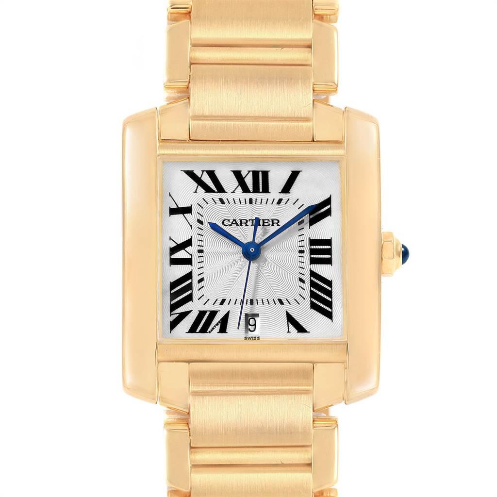 Cartier Tank Francaise Large Yellow Gold Automatic Mens Watch W50001R2. Automatic self-winding movement. Rectangular 28.0 x 32.0 mm case. Octagonal 18K yellow gold crown set with a blue sapphire cabochon. 18K yellow gold bezel. Scratch resistant