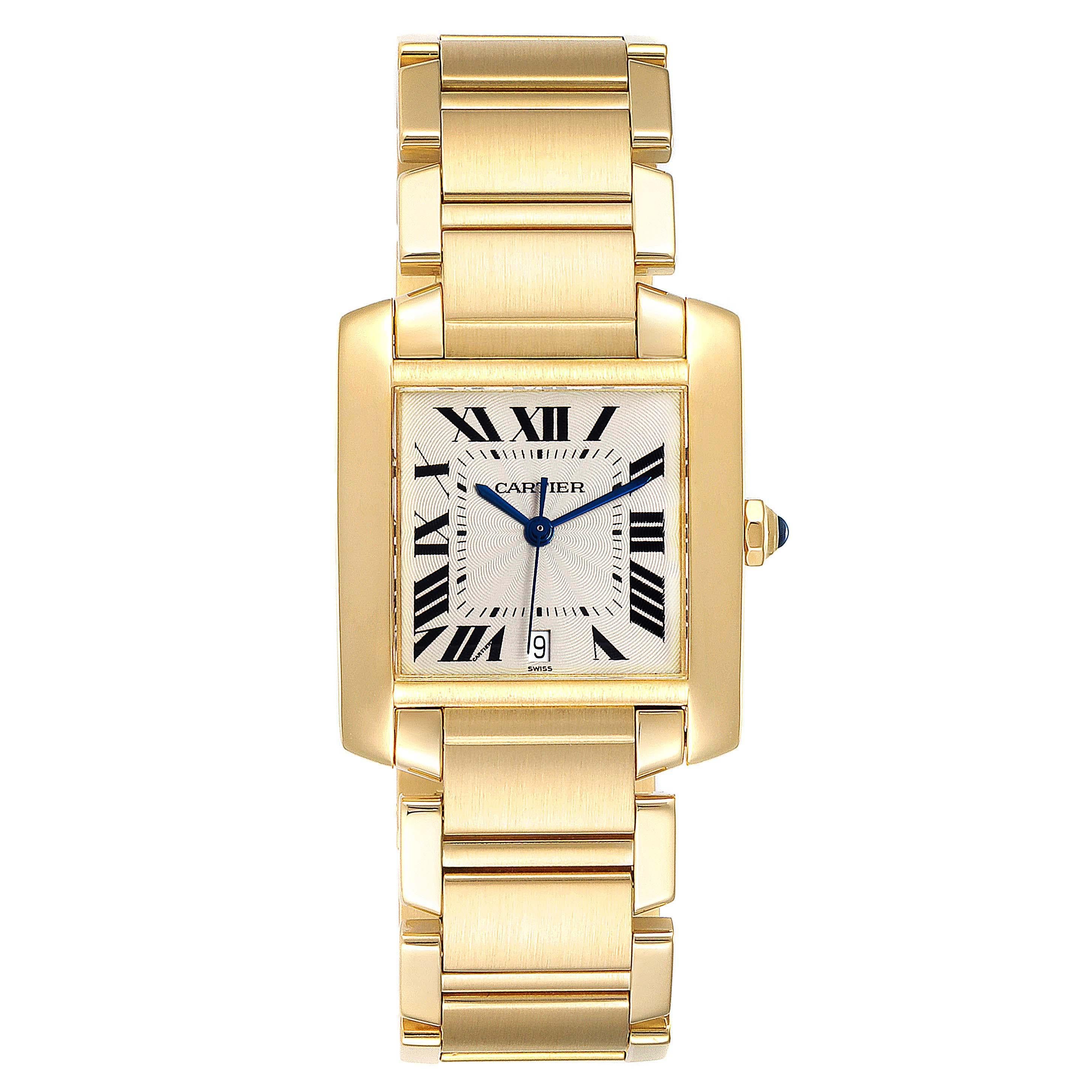 Cartier Tank Francaise Large Yellow Gold Automatic Mens Watch W50001R2. Automatic self-winding movement. Rectangular 28.0 x 32.0 mm case. Octagonal 18K yellow gold crown set with a blue sapphire cabochon. . Scratch resistant sapphire crystal. Silver