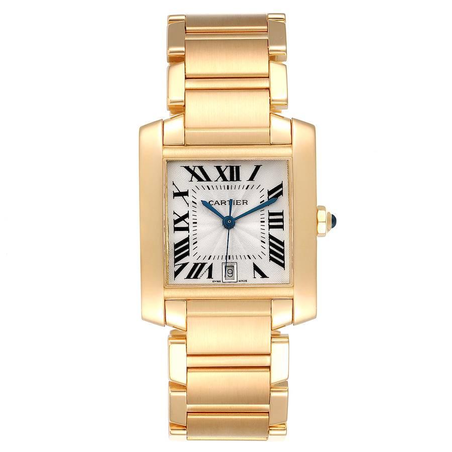 Cartier Tank Francaise Large Yellow Gold Automatic Unisex Watch W50001R2. Automatic self-winding movement. Rectangular 28.0 x 32.0 mm case. Octagonal 18K yellow gold crown set with a blue sapphire cabochon. . Scratch resistant sapphire crystal.