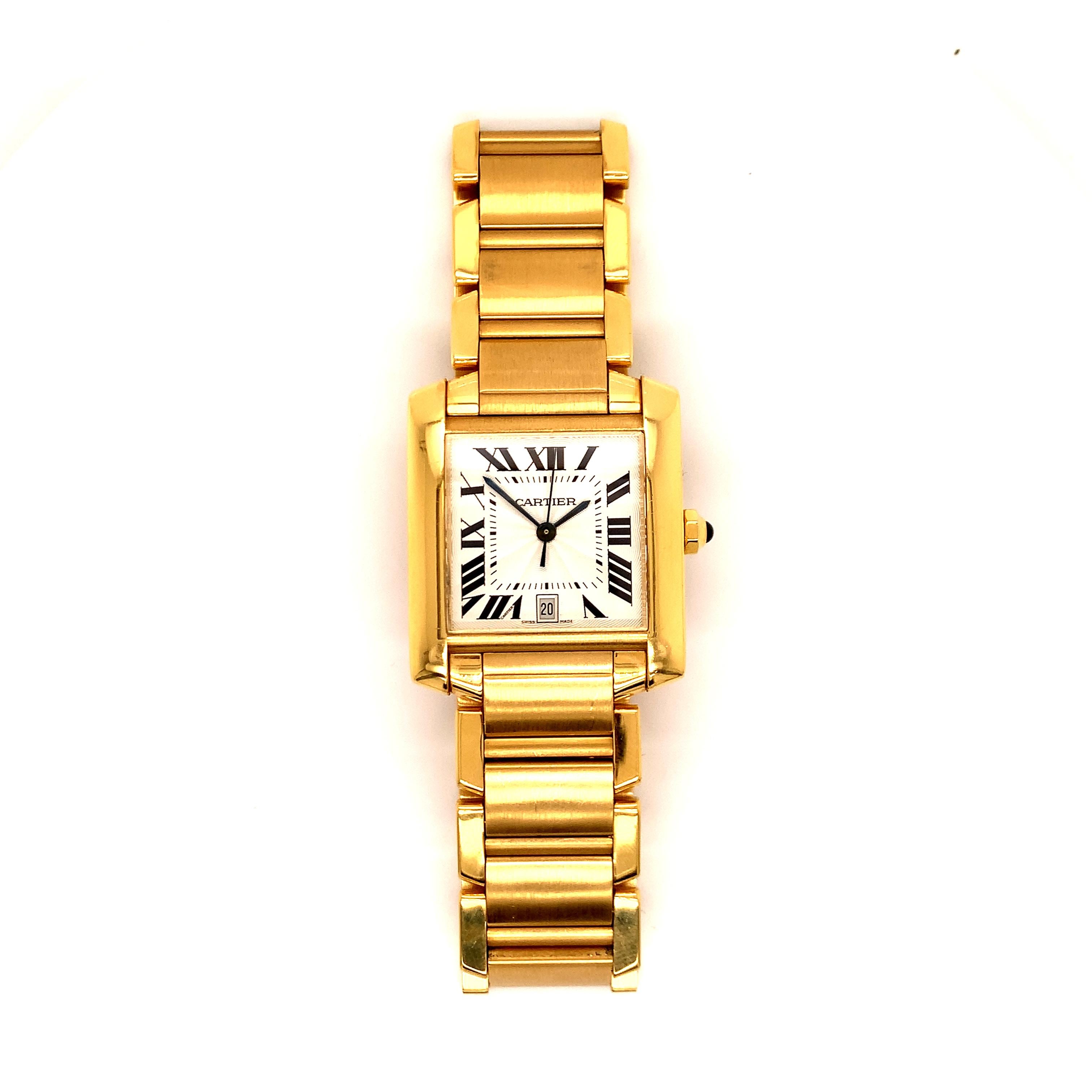 Iconic Cartier 18k Yellow Gold Tank Francaise Large Unisex Wristwatch.  Silver guilloche dial with Roman numerals and a secret signature at 