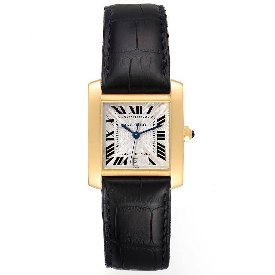 Cartier Tank Francaise Large Yellow Gold Brown Strap Mens Watch W5000156. Automatic self-winding movement. Rectangular 28.0 x 32.0 mm case. Octagonal 18K yellow gold crown set with a blue sapphire cabochon. . Scratch resistant sapphire crystal.