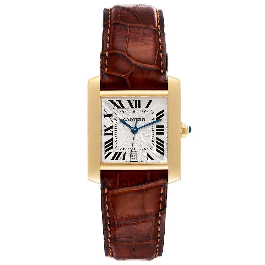 Cartier Tank Francaise Large Yellow Gold Brown Strap Mens Watch W5000156. Automatic self-winding movement. Rectangular 28.0 x 32.0 mm case. Octagonal 18K yellow gold crown set with a blue sapphire cabochon. . Scratch resistant sapphire crystal.