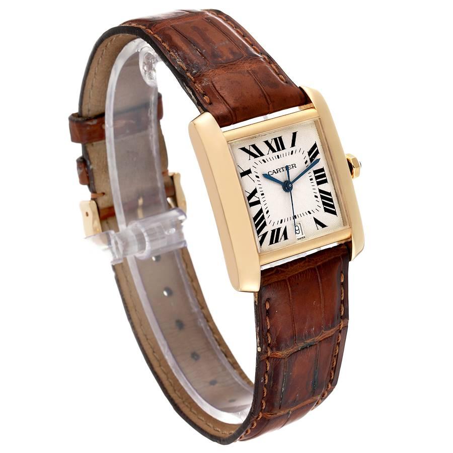 Cartier: Große Gelbgold-Herrenuhr Tank Francaise mit braunem Riemen, W5000156 im Zustand „Gut“ im Angebot in Atlanta, GA