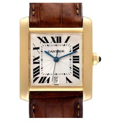 Cartier: Große Gelbgold-Herrenuhr Tank Francaise mit braunem Riemen, W5000156