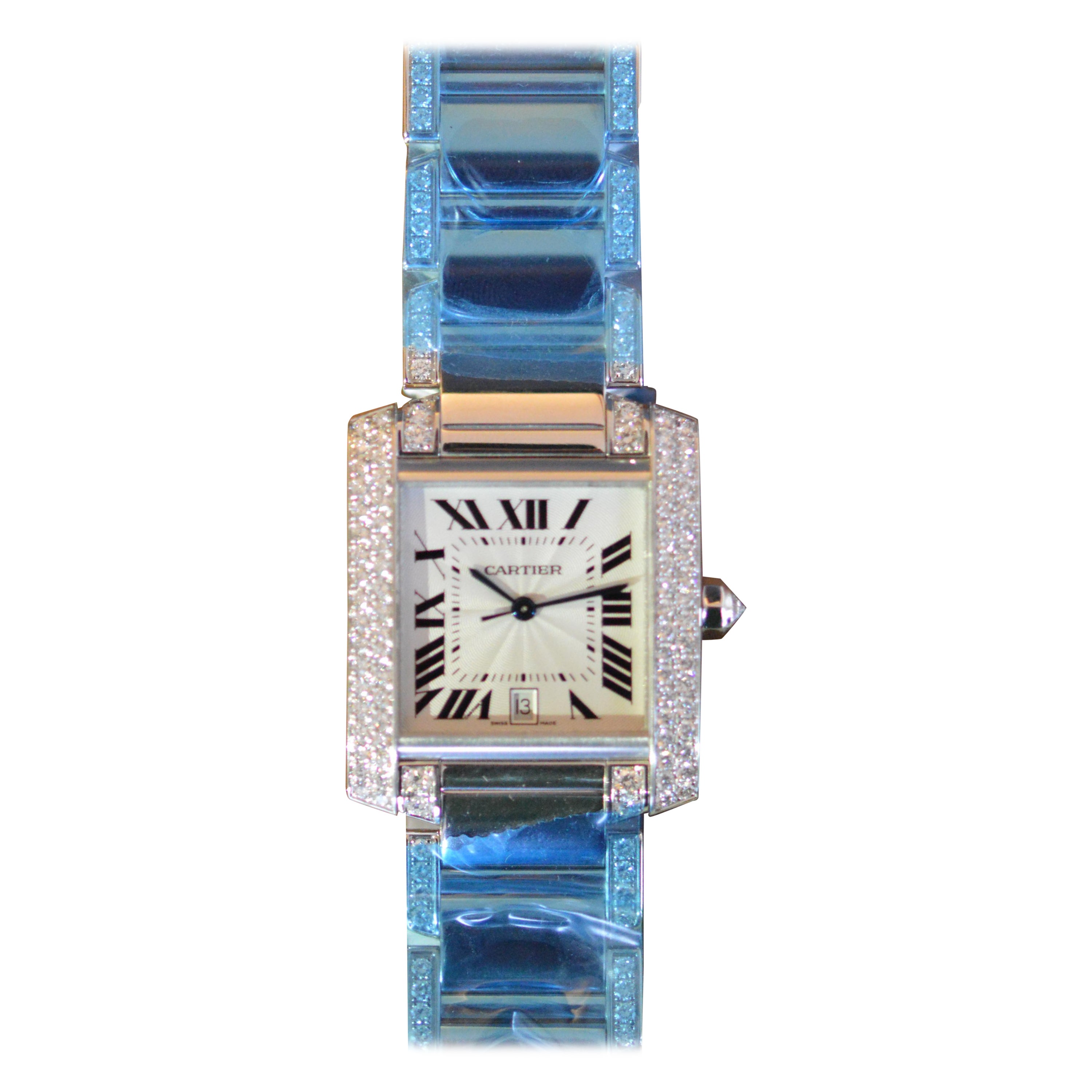 Cartier Tank Française LM 18k White Gold Pavé Bezel and Bracelet Unworn Full Set For Sale