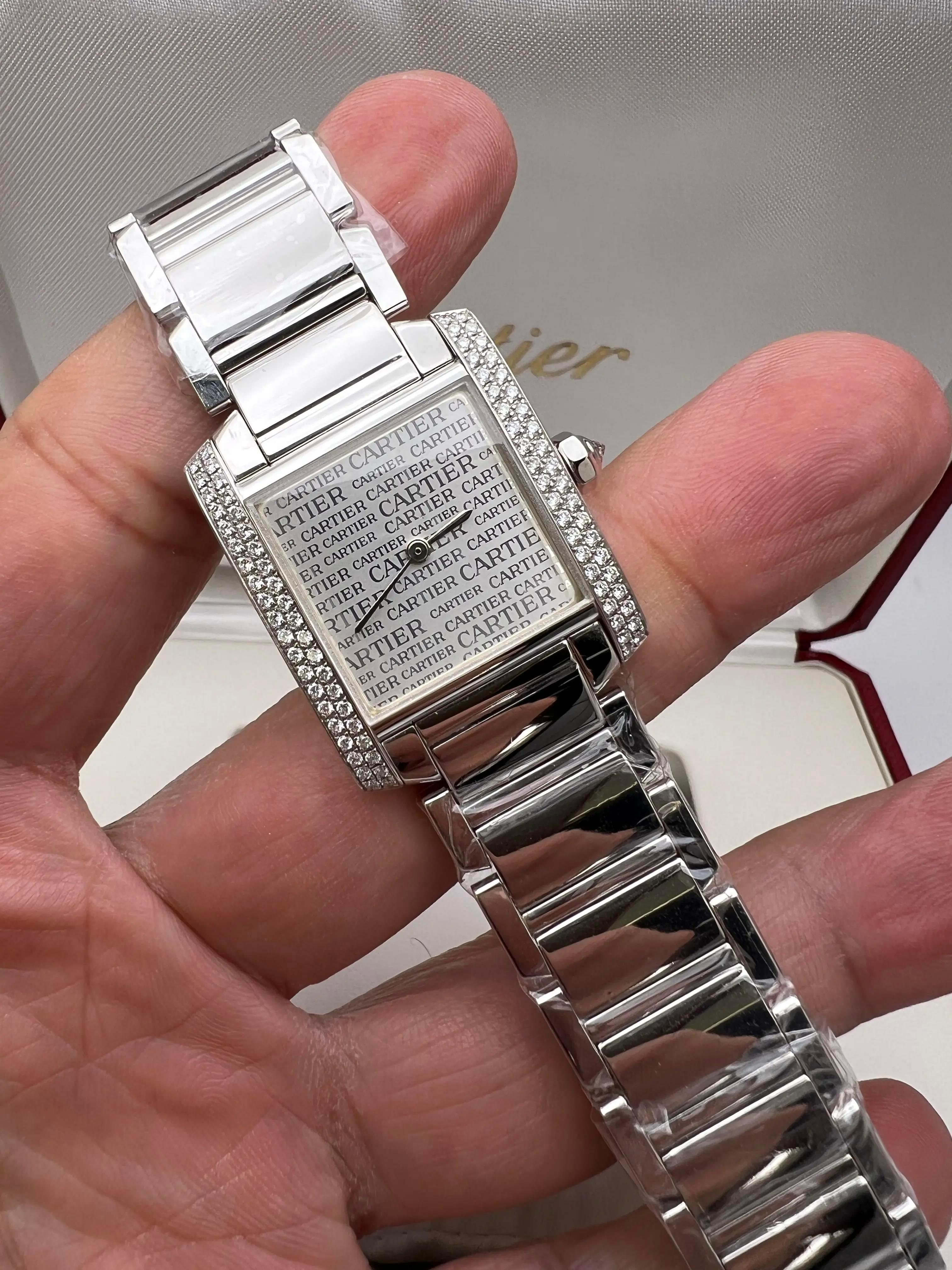 Round Cut Cartier Tank Francaise Medium Diamond Bezel Logo Dial 18K White Gold WE1025S3 BP For Sale