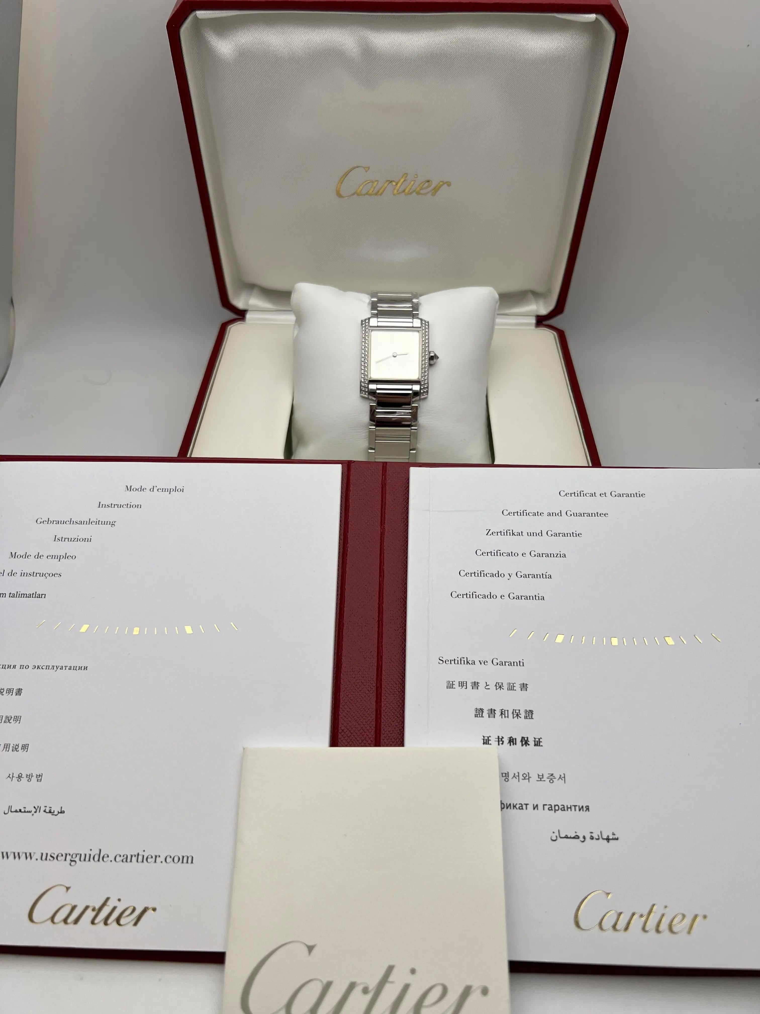 Cartier Tank Francaise Medium Diamond Bezel Logo Dial 18K White Gold WE1025S3 BP In Excellent Condition For Sale In New York, NY
