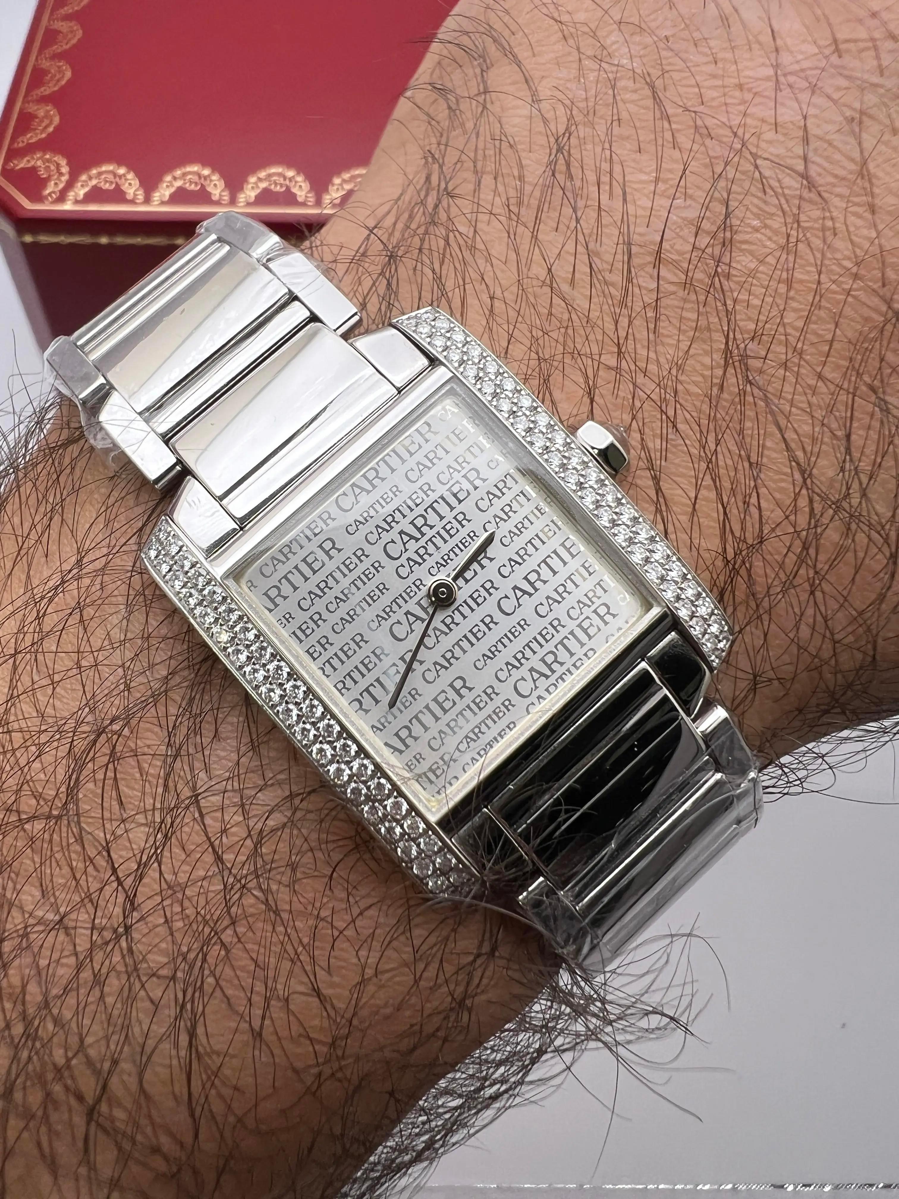 Women's or Men's Cartier Tank Francaise Medium Diamond Bezel Logo Dial 18K White Gold WE1025S3 BP For Sale