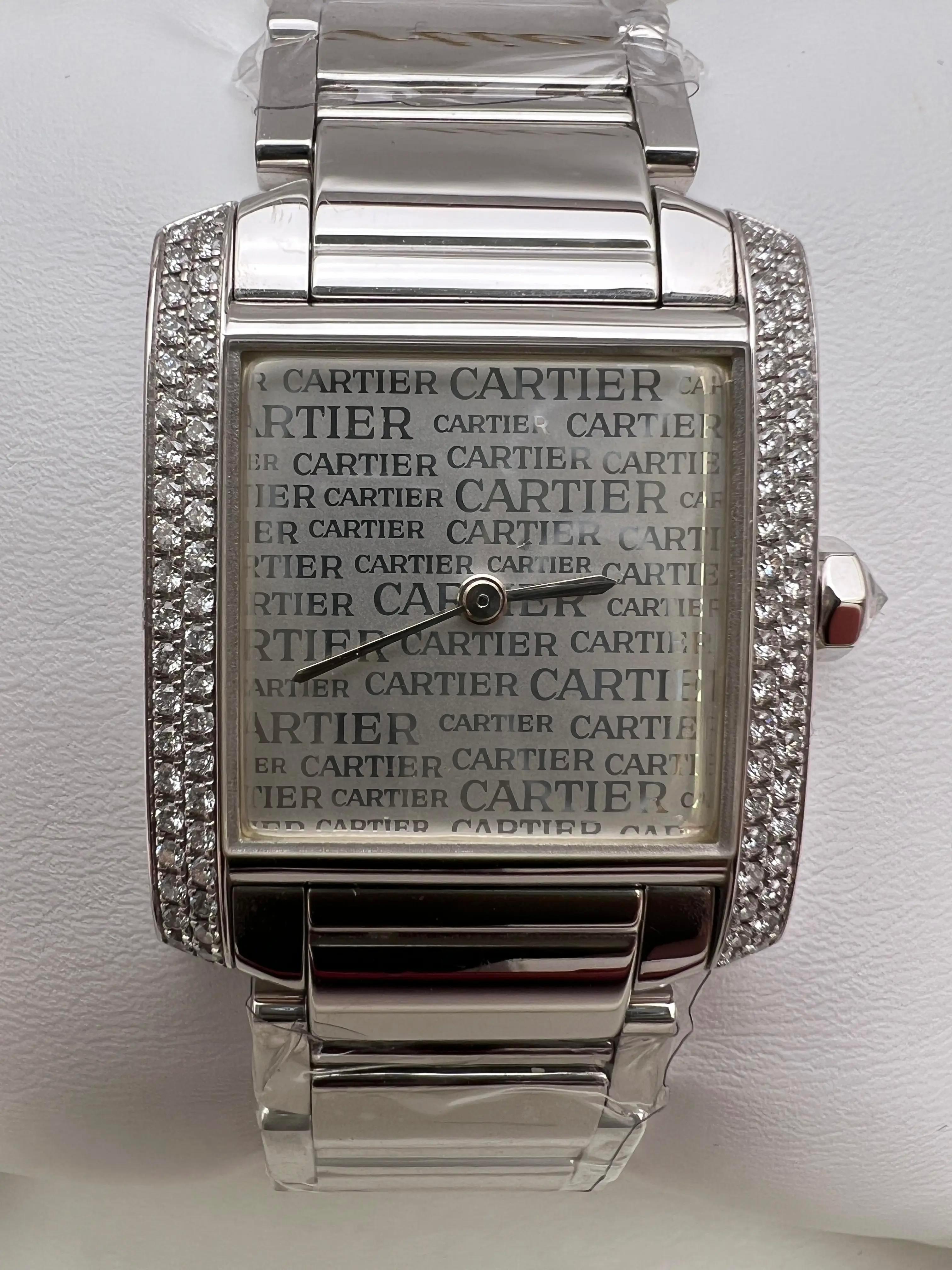 Cartier Tank Francaise Medium Diamond Bezel Logo Dial 18K White Gold WE1025S3 BP For Sale 1
