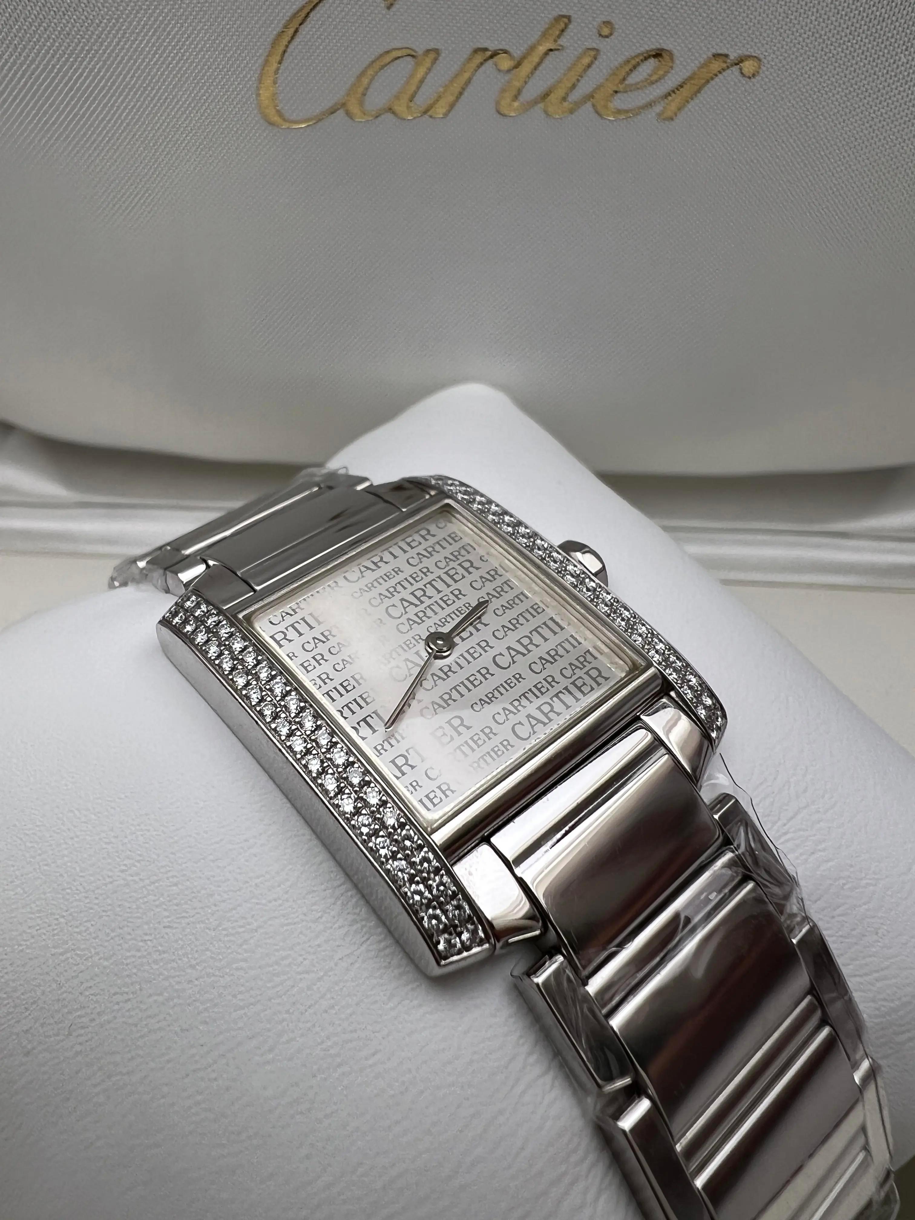 Cartier Tank Francaise Medium Diamond Bezel Logo Dial 18K White Gold WE1025S3 BP For Sale 2