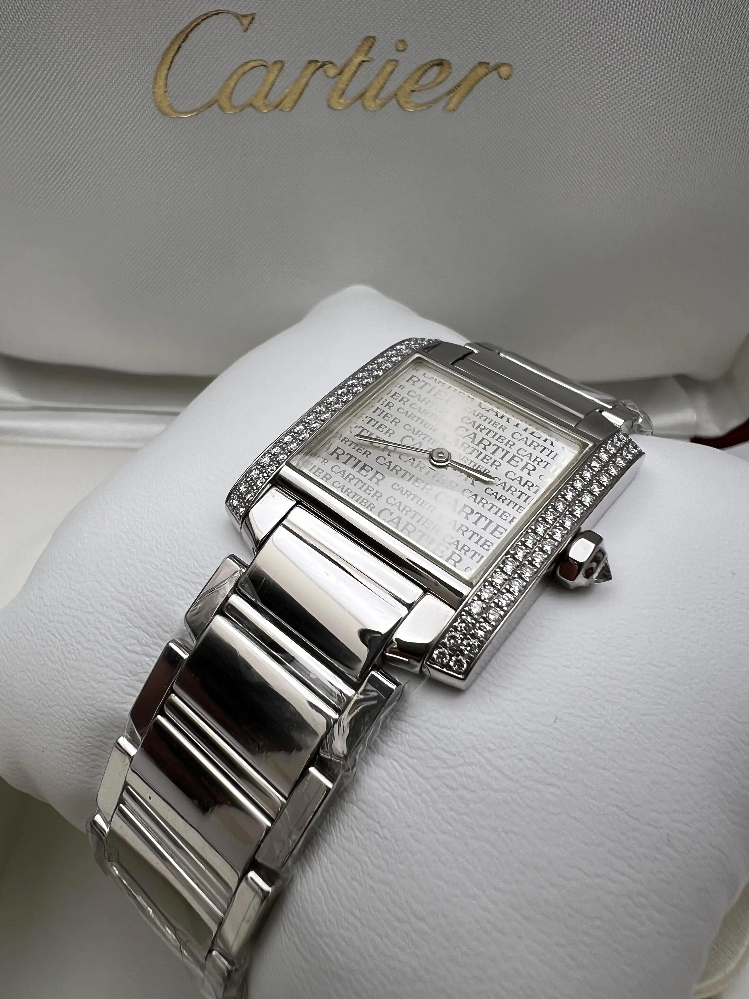 Cartier Tank Francaise Medium Diamond Bezel Logo Dial 18K White Gold WE1025S3 BP For Sale 3