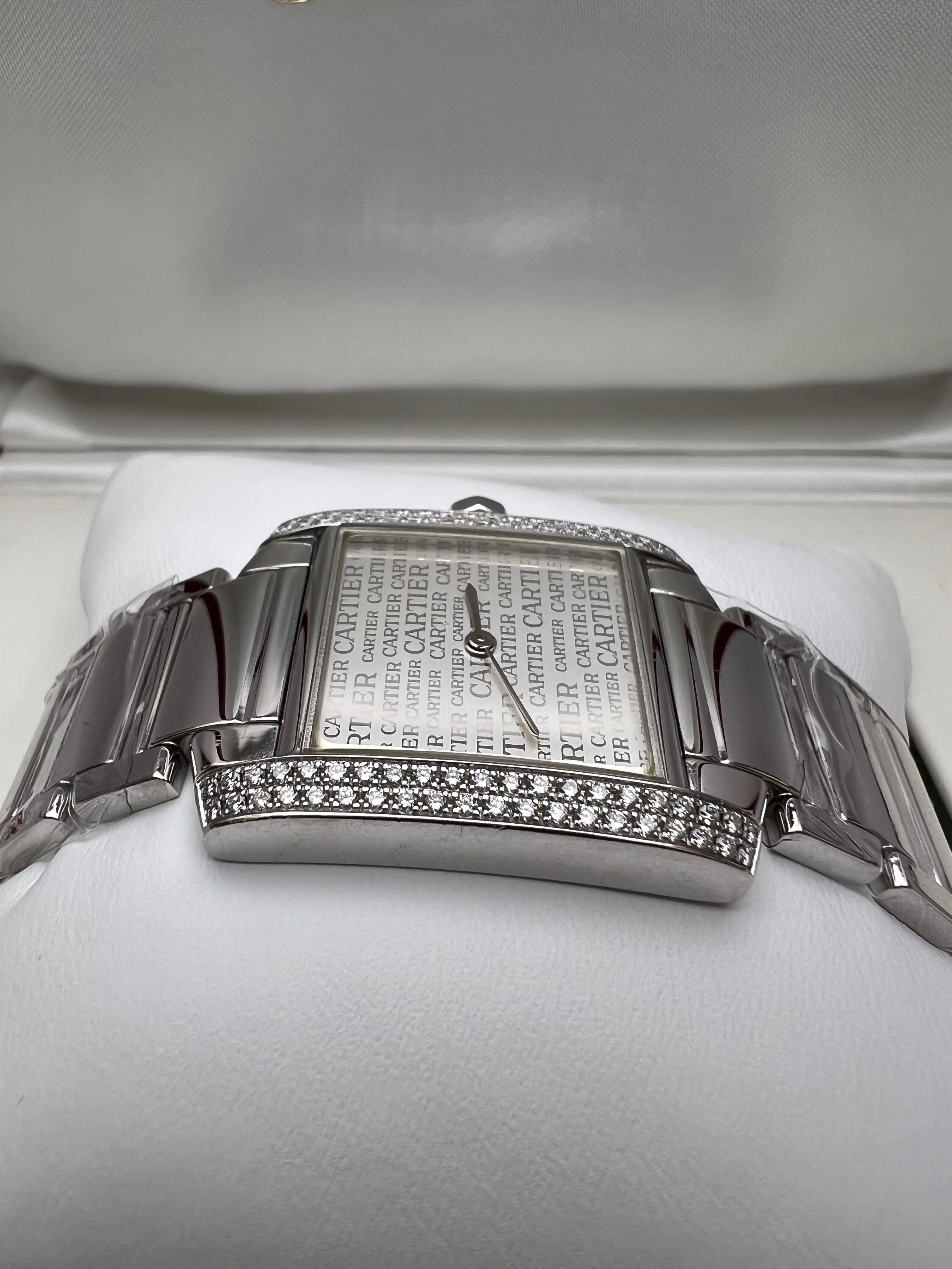 Cartier Tank Francaise Medium Diamond Bezel Logo Dial 18K White Gold WE1025S3 BP For Sale 4