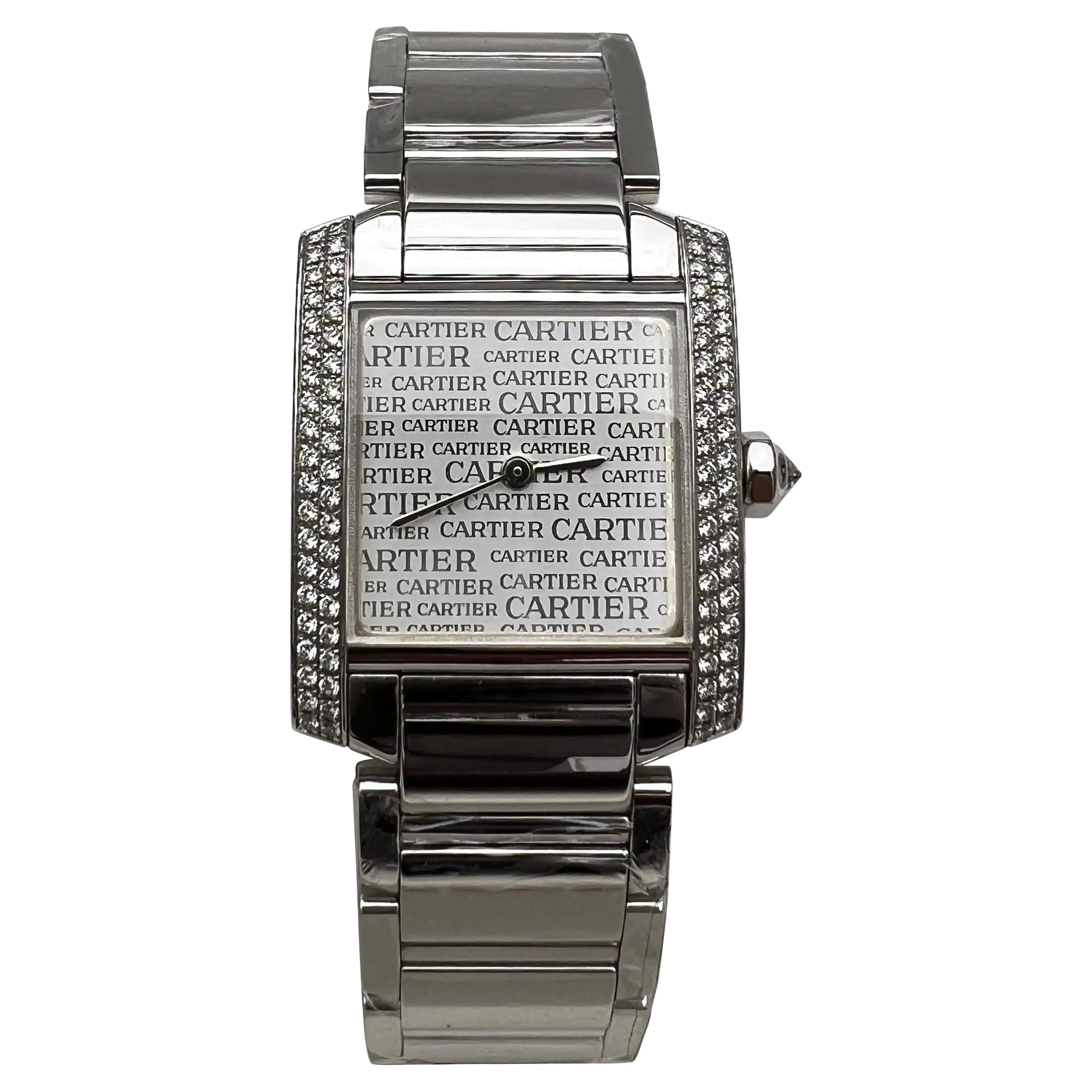 Cartier Tank Francaise Medium Diamond Bezel Logo Dial 18K White Gold WE1025S3 BP For Sale