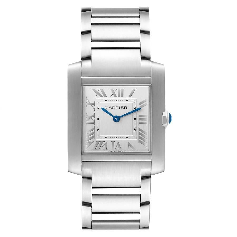 Cartier Tank Francaise Medium Silver Dial Steel Ladies Watch WSTA0074 Box Card. Quartz movement. Rectangular stainless steel 32 mm x 27 mm case. Stainless steel crown set with a synthetic cabochon-shaped spinel. . Scratch resistant sapphire crystal.