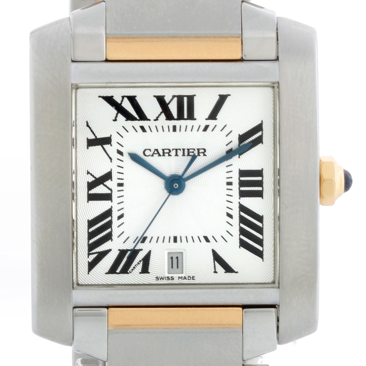 Cartier Tank Francaise Orologio automatico da uomo in acciaio e oro 2 toni W51005Q4 2302 - Automatico. Acciaio inossidabile e oro giallo  ( 28 x 35 mm ); data a ore 6 con corona in spinello blu. Quadrante argentato guilloché con numeri romani.