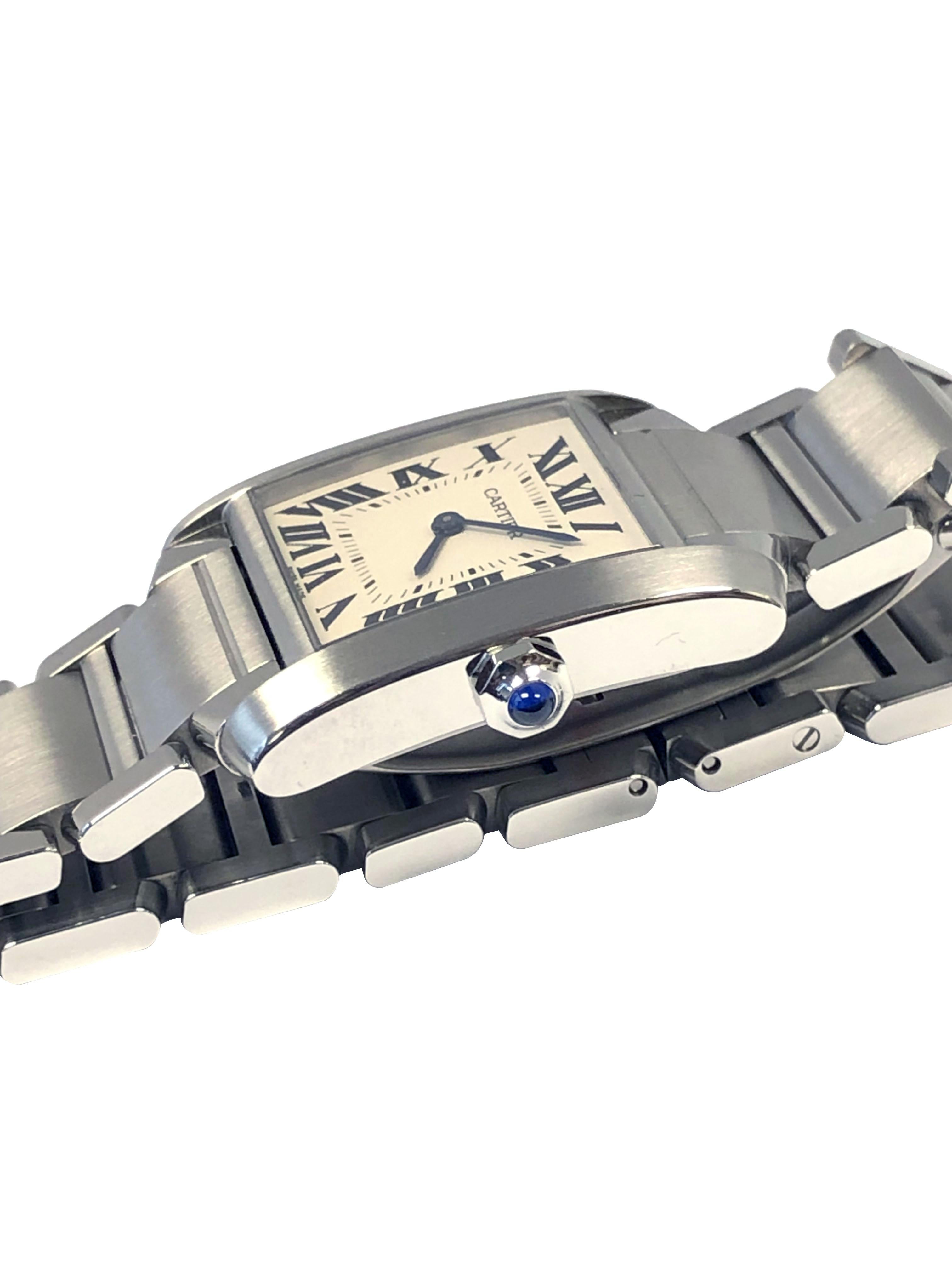 Circa 2015 Cartier Tank Francaise Mid Size Wrist Watch, 25 x 20 M.M. Stainless Steel Water Resistant Case. Quartz Movement, Silvered White Dial with Black Roman Numerals, Sapphire Crown. 5/8 inch wide Francaise Bracelet with fold over Deployment