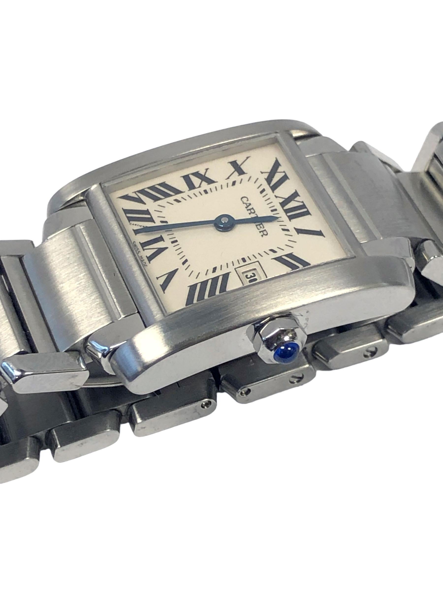Circa 2015 Cartier Tank Francaise, Reference 2465 Mid Size Wrist Watch, 25 x 20 M.M. Stainless Steel Water Resistant Case. Quartz Movement, Silvered White Dial with Black Roman Numerals and a Calendar window at the 3 position, Sapphire Crown. 5/8