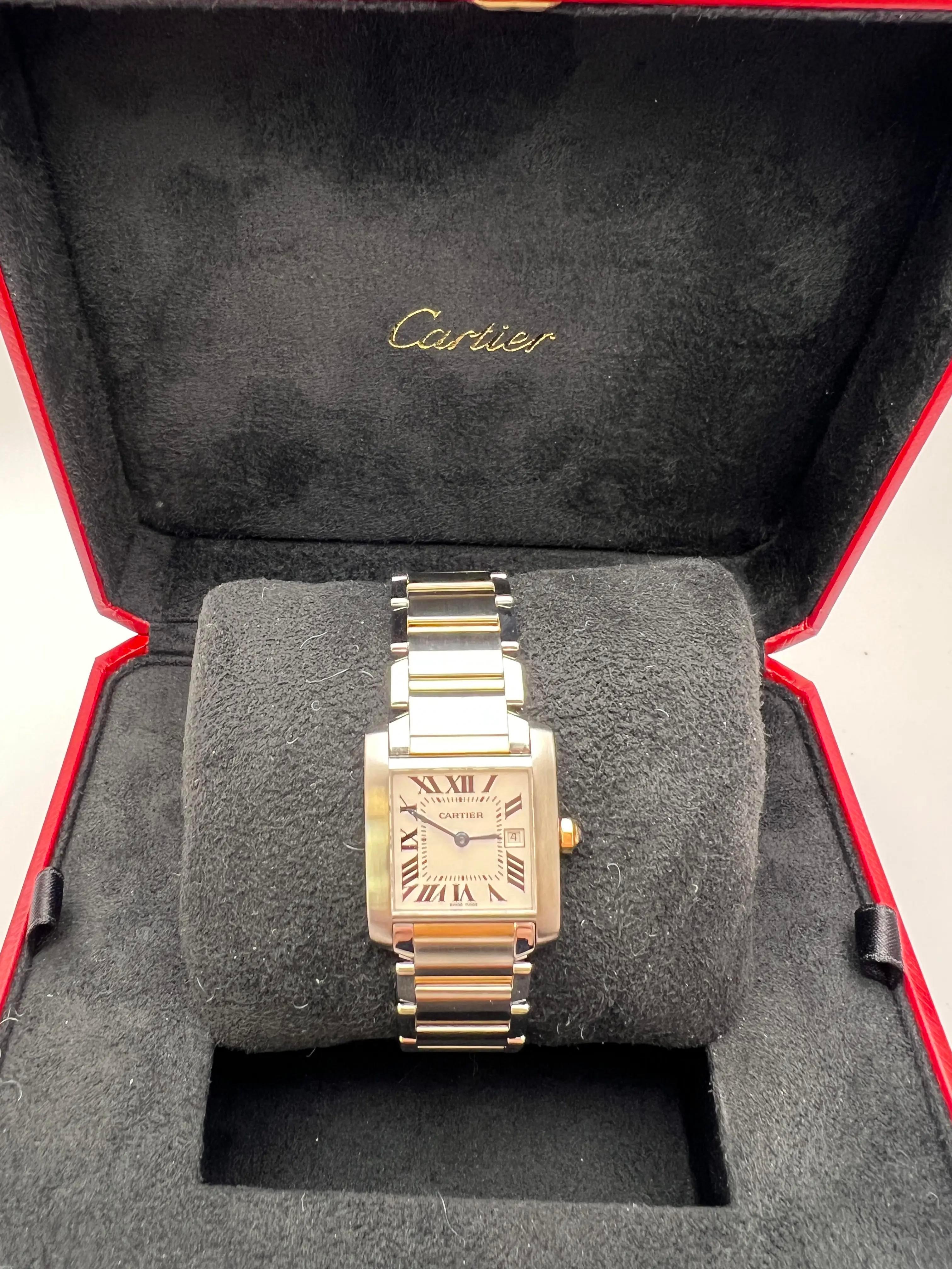Cartier Tank Francaise Midsize 18K Yellow Gold Steel W51012Q4 Box Set In Excellent Condition For Sale In New York, NY