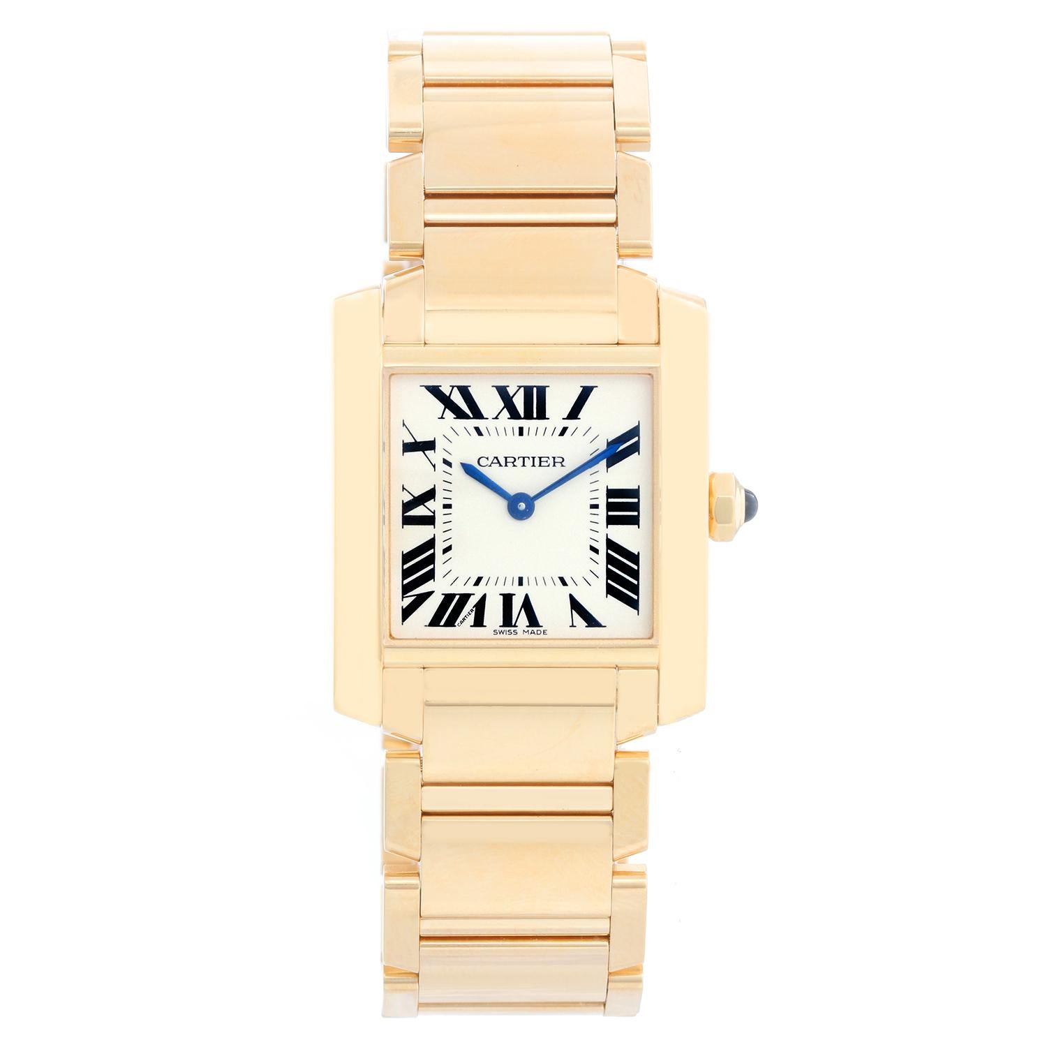 Cartier Tank Francaise Midsize 18k Yellow Gold Watch W50003N2 4211 - Quartz. 18k yellow gold  case; blue sapphire cabochon crown ( 25 x 30 mm ). Ivory colored dial with black Roman numerals. Cartier 18k yellow gold bracelet; will fit a 6 3/4 inch