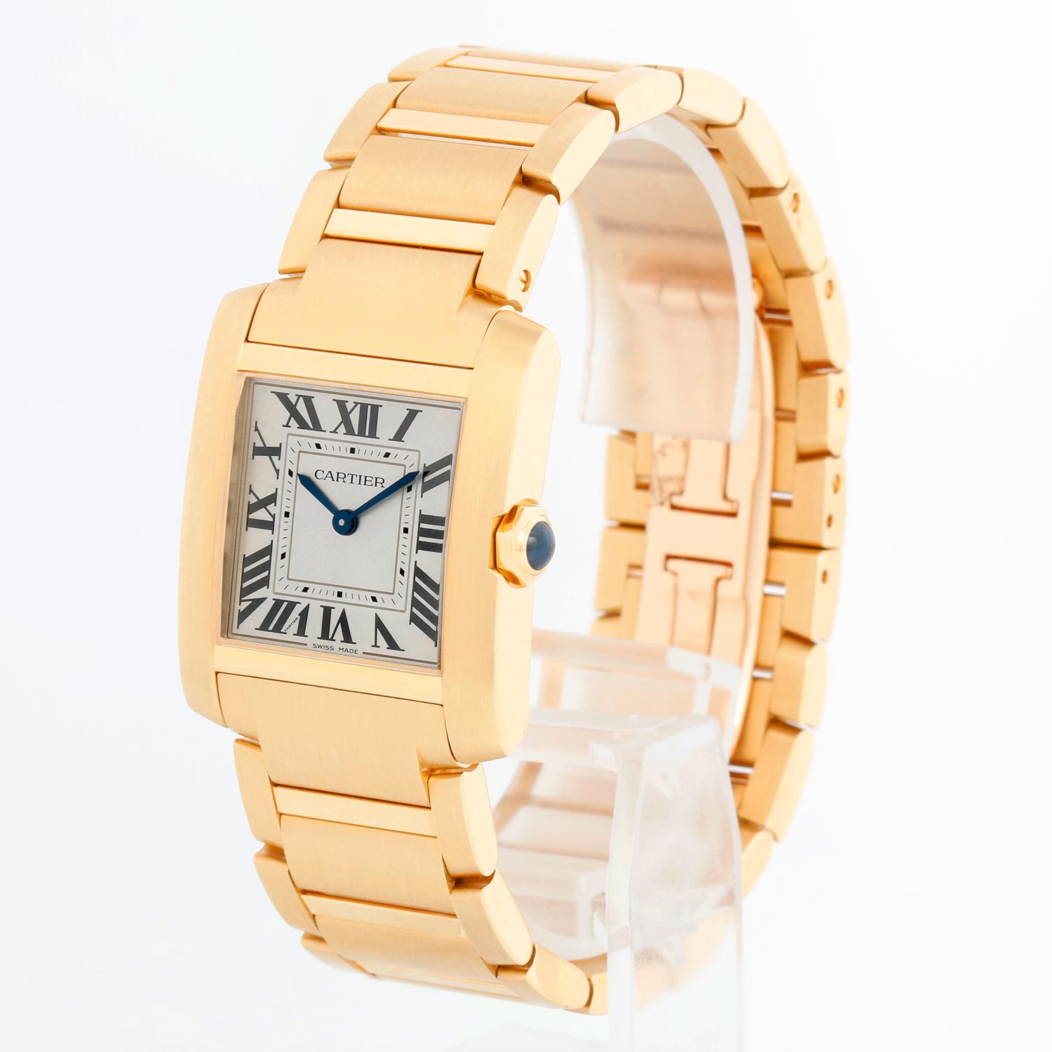 Cartier Tank Francaise Midsize 18K Yellow Gold Watch WGTA0113 4456 - Quartz. 18K Yellow gold case (27mm x 32mm). Golden sunray dial, blued-steel sword-shaped hands, sapphire crystal. 18K Yellow gold link style bracelet with deployant clasp; will fit
