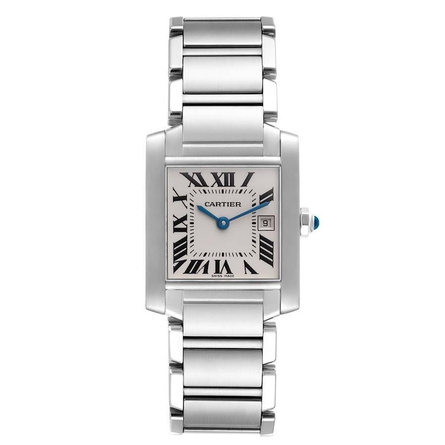 Cartier Tank Francaise Midsize 25mm Silver Dial Ladies Watch W51011Q3. Quartz movement. Rectangular stainless steel 25.0 X 30.0 mm case. Octagonal crown set with a blue spinel cabochon. . Scratch resistant sapphire crystal. Silvered dial with black